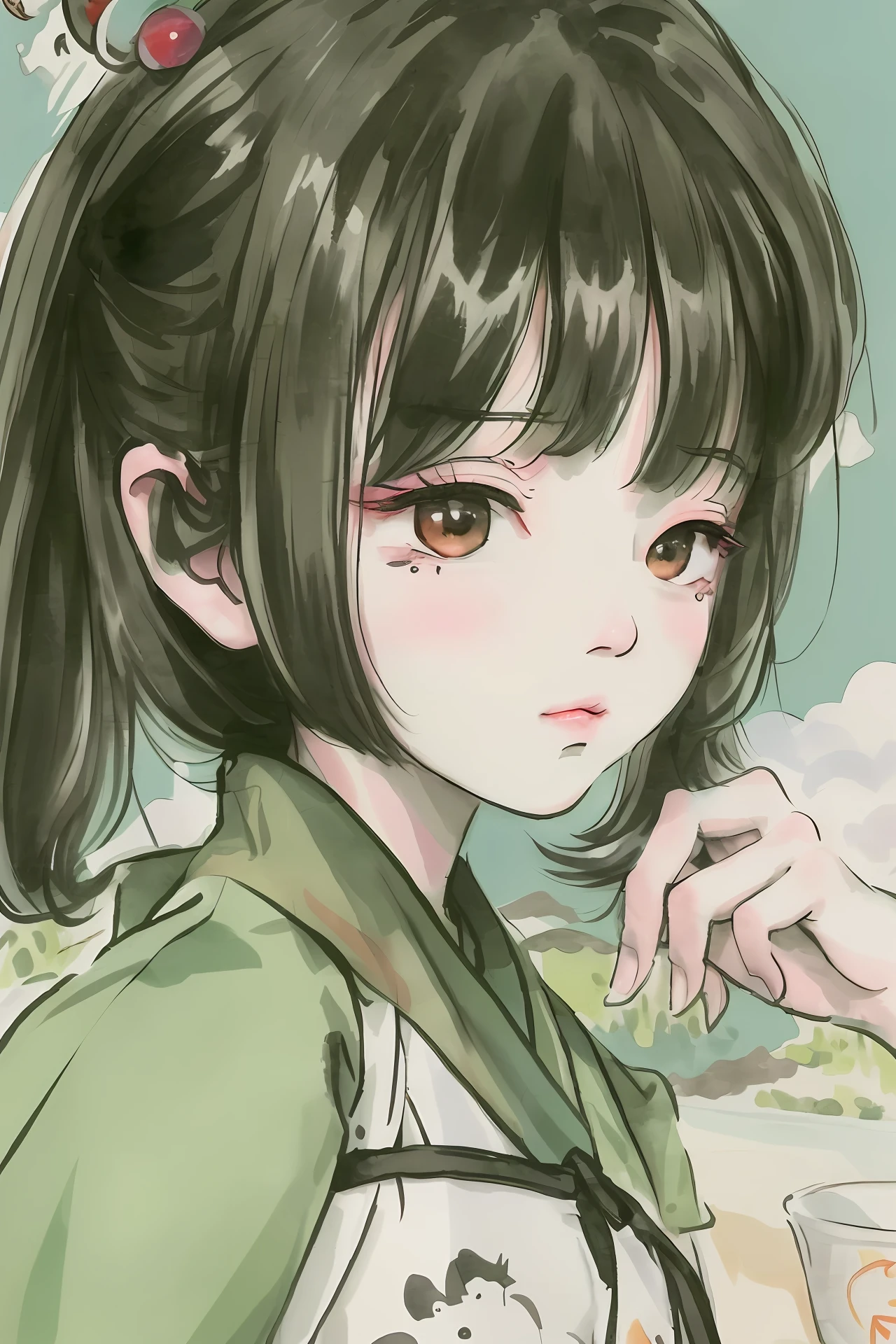 A Chinese seven-year-old girl is eating rice dumplings，dragon boat festival，，look into the camera，Beautiful artistic conception，Zen，color ink painting，green background，cyberpunk，Sumi-esoot ink painting，smooth lines，Profound，lifelike --ar 9:16 --niji 5
