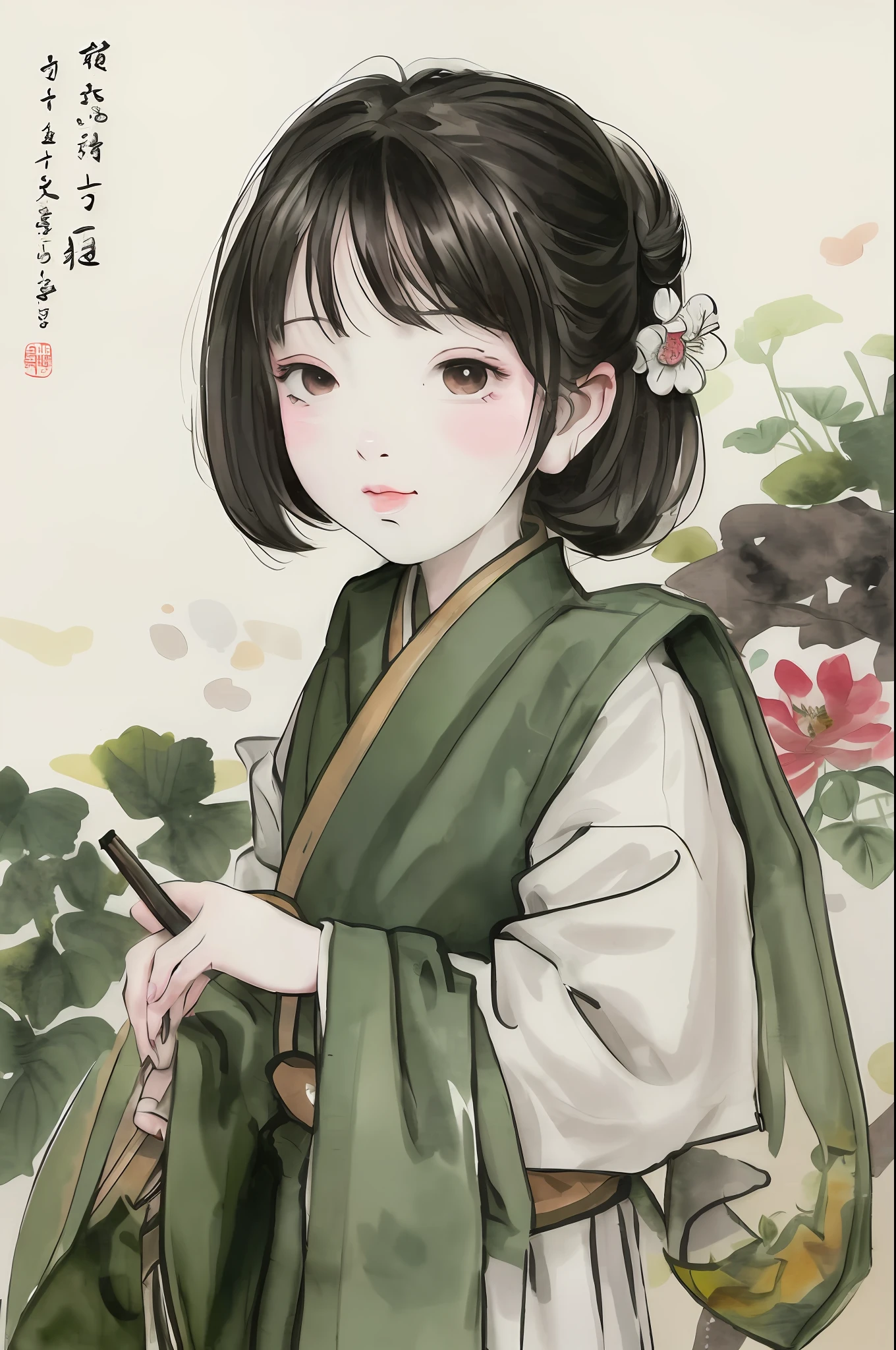 A Chinese seven-year-old girl is eating zongzi, (zongzi), Dragon Boat Festival poster, watercolor painting, looking at the camera, beautiful artistic conception, Zen, color ink painting, green background, Sumi-esoot ink painting, smooth lines, profound, --ar 9:16 --niji 5