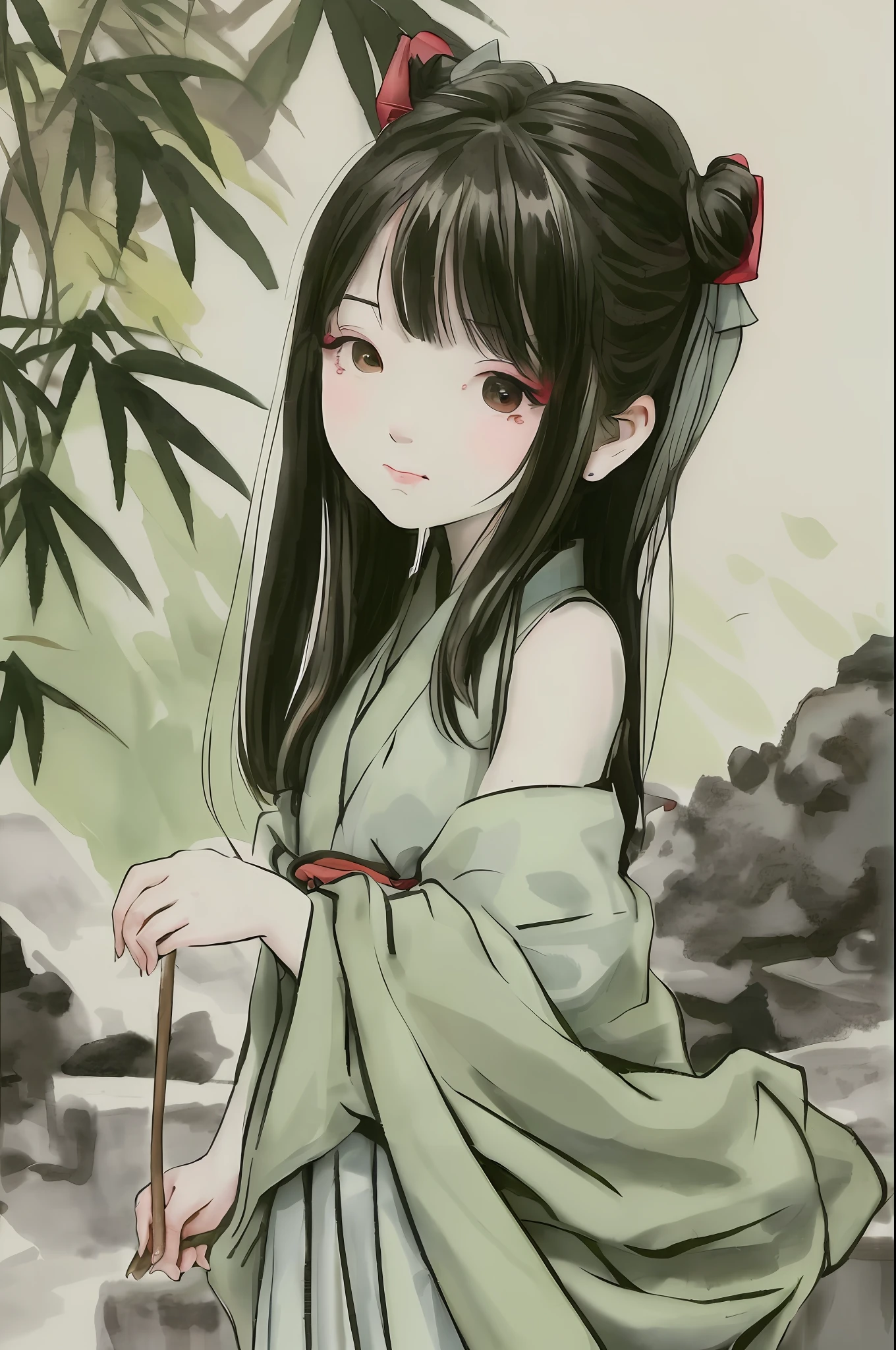 A Chinese seven-year-old girl is eating zongzi, (zongzi) Dragon Boat Festival, looking at the camera, beautiful artistic conception, Zen, color ink painting, green background, Sumi-esoot ink painting, smooth lines, profound, --ar 9:16 --niji 5