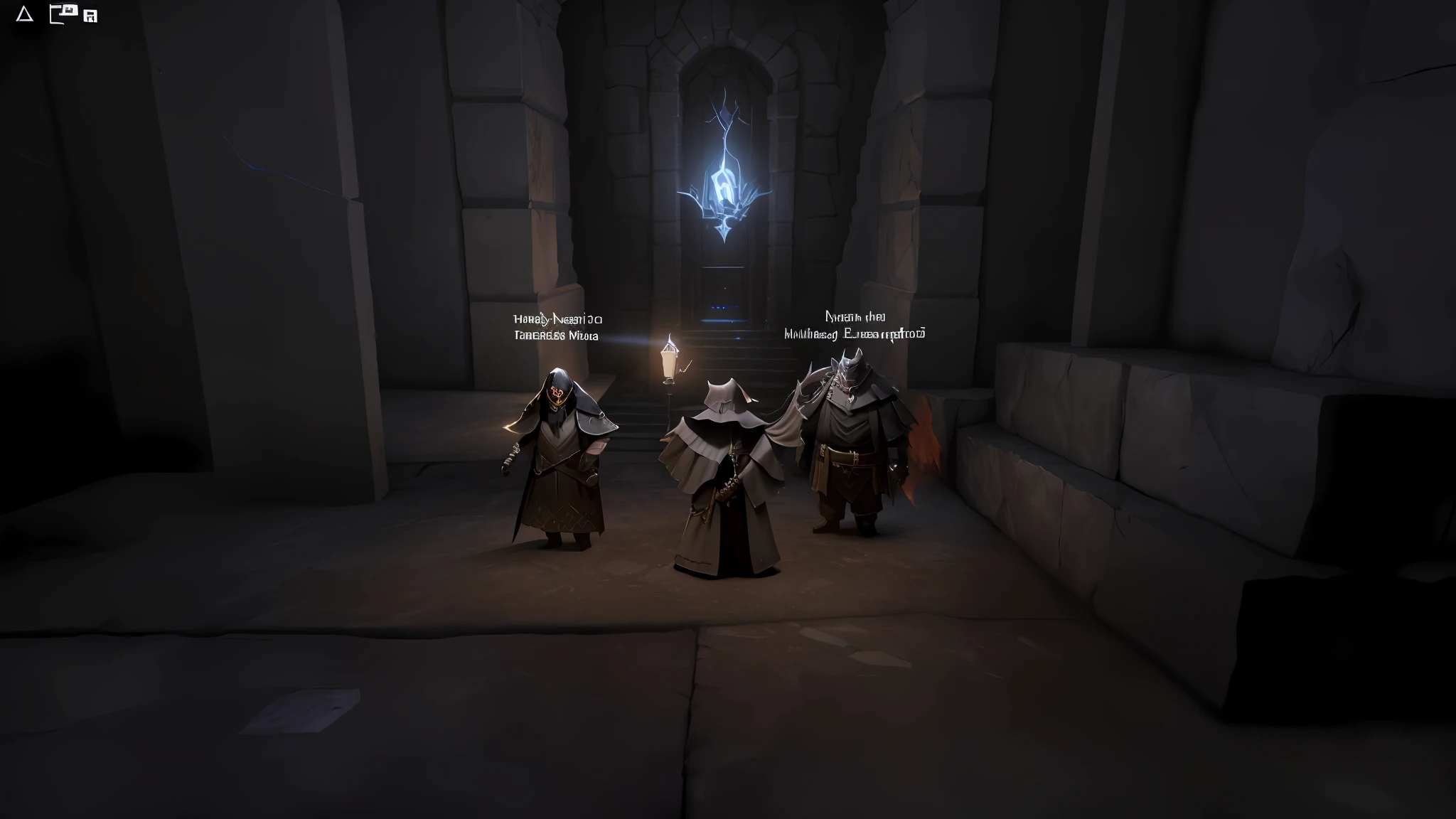 (cinematic, unreal engine, dark fantasy) Three warriors standing in a dark room with a light on, cinematic lighting, cave prison, inside a dungeon, in an ancient vault, adventuring party, set in bank vault room, with a creepy secret temple, the mines of moria, mines of moria, underground temple