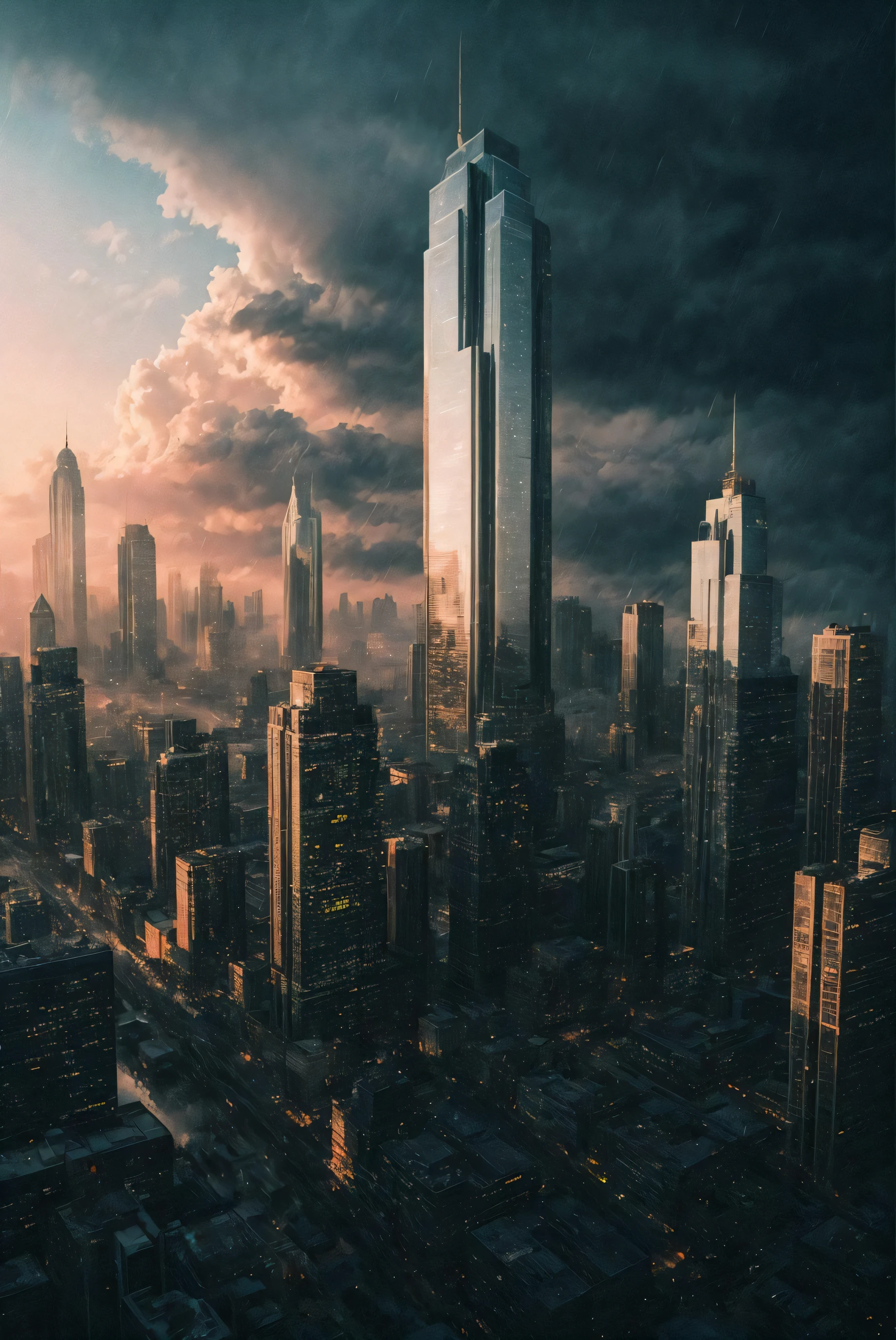 A stormy sky over a cityscape with tall buildings, Tilting, Negative Space, separation light, high key masterpiece, realistic, award winning, volumetric light and fog, neon palette, subsurface scattering, caustics, bloom, perfect exposure, perfect composition, rule of thirds, 8k, hdr10, cinematic, breathtaking, ray tracing