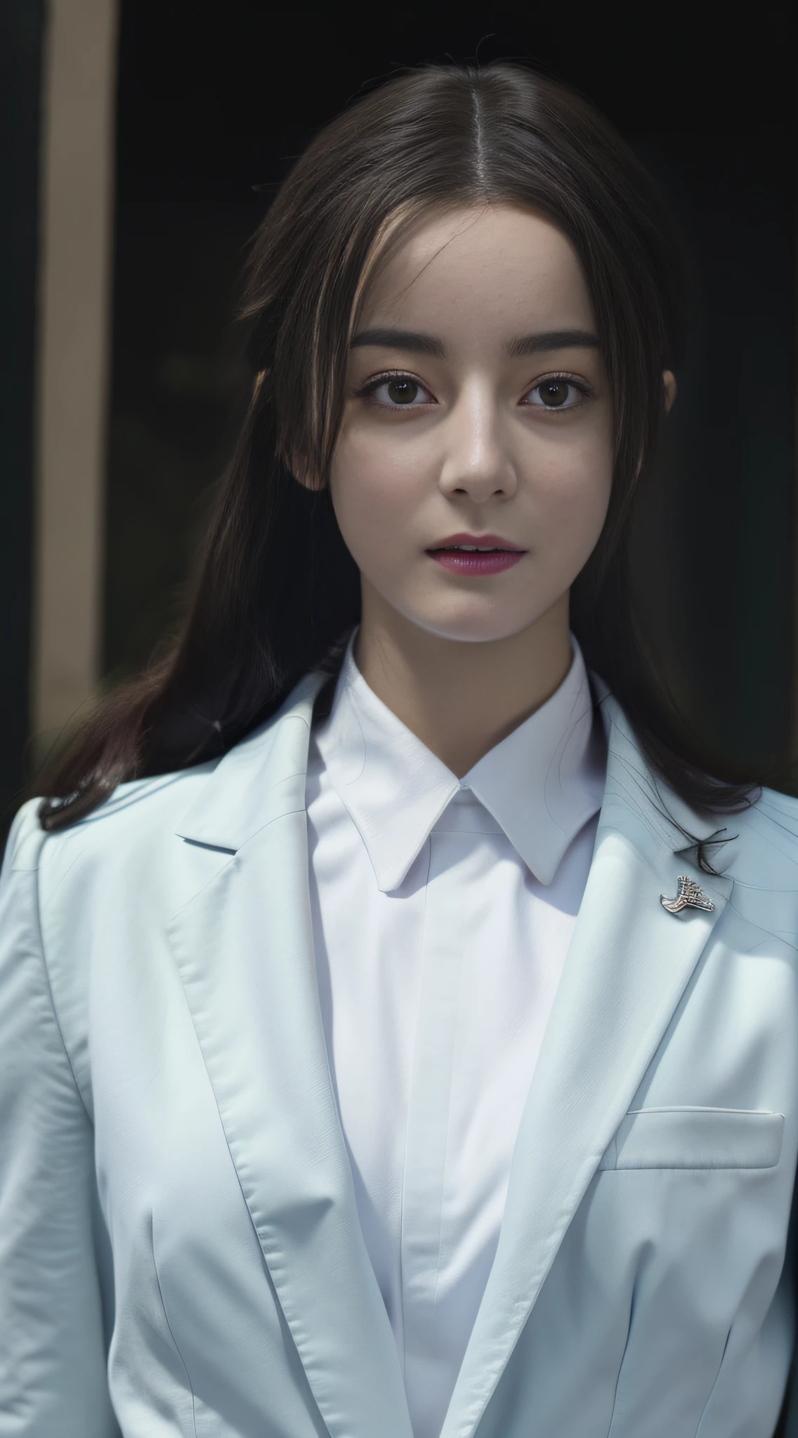 Best quality, masterpiece, realistic photos, intricate details, original photos, full body photos, selfies, ID photos, white shirts, blue suits, straight clothes, court background, looking at the camera, frontal perspective, movie lighting