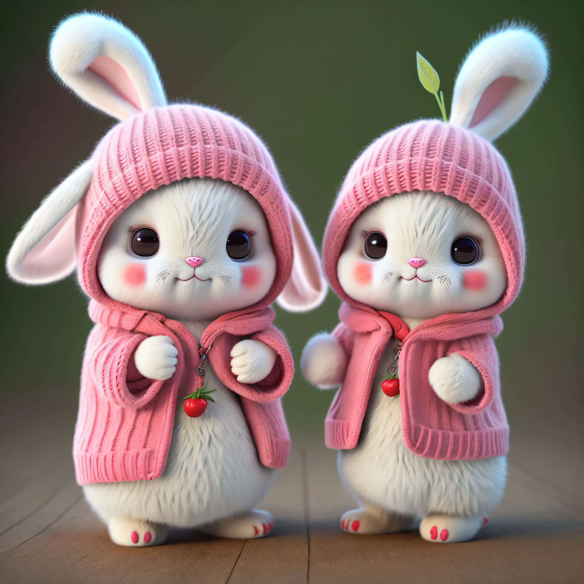 : 3. bunny, realistic, furry animal, apple, black eye, blush, cherry, food, fruit, full body, hat, non-human, strawberry, tomato, watermelon