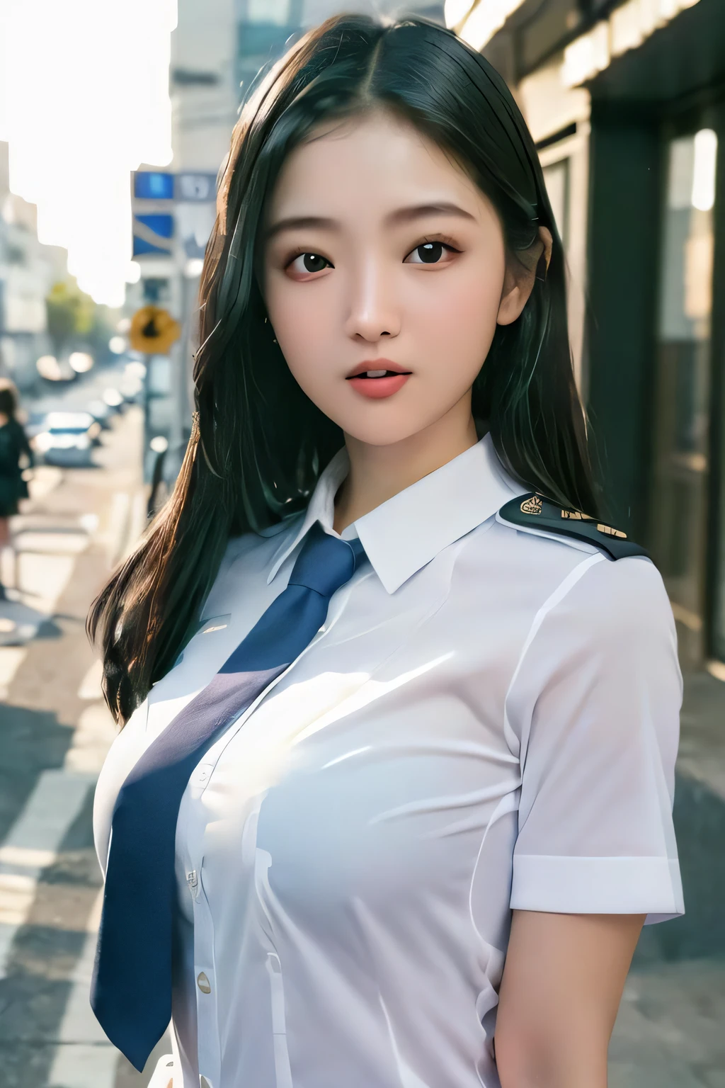 1girl, (at street:1.2), ((office uniform:1.2)),night, RAW photo, (photorealistic:1.37, realistic), highly detailed CG unified 8K wallpapers, looking at viewer, (((straight from front))), (HQ skin:1.8, shiny skin), 8k uhd, dslr, soft lighting, high quality, film grain, Fujifilm XT3, ((upper body:1.6)), (professional lighting:1.6)
