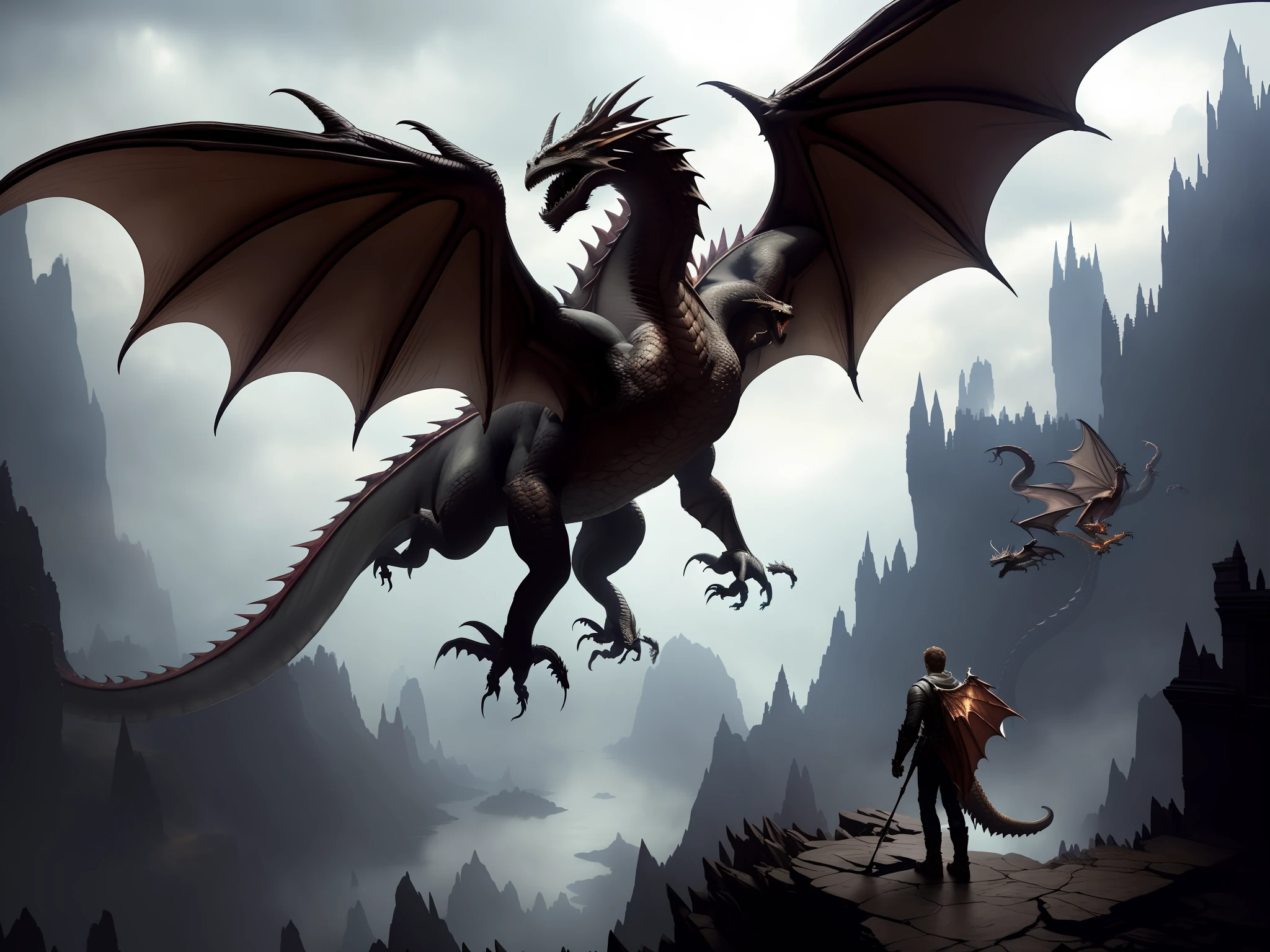 Ultra-realistic illustrations and highly detailed digital renderings, Dragon Flying, Dragon Full Body, Dragon Claw, Dragon Wings, Dragon Horn, by Greg Rutkowski and Kinkade, Highly detailed, Cinematic, High contrast, HDR, 4 K, Unreal Engine, Magic, Surreal, Bokeh, Degrees of Freedom