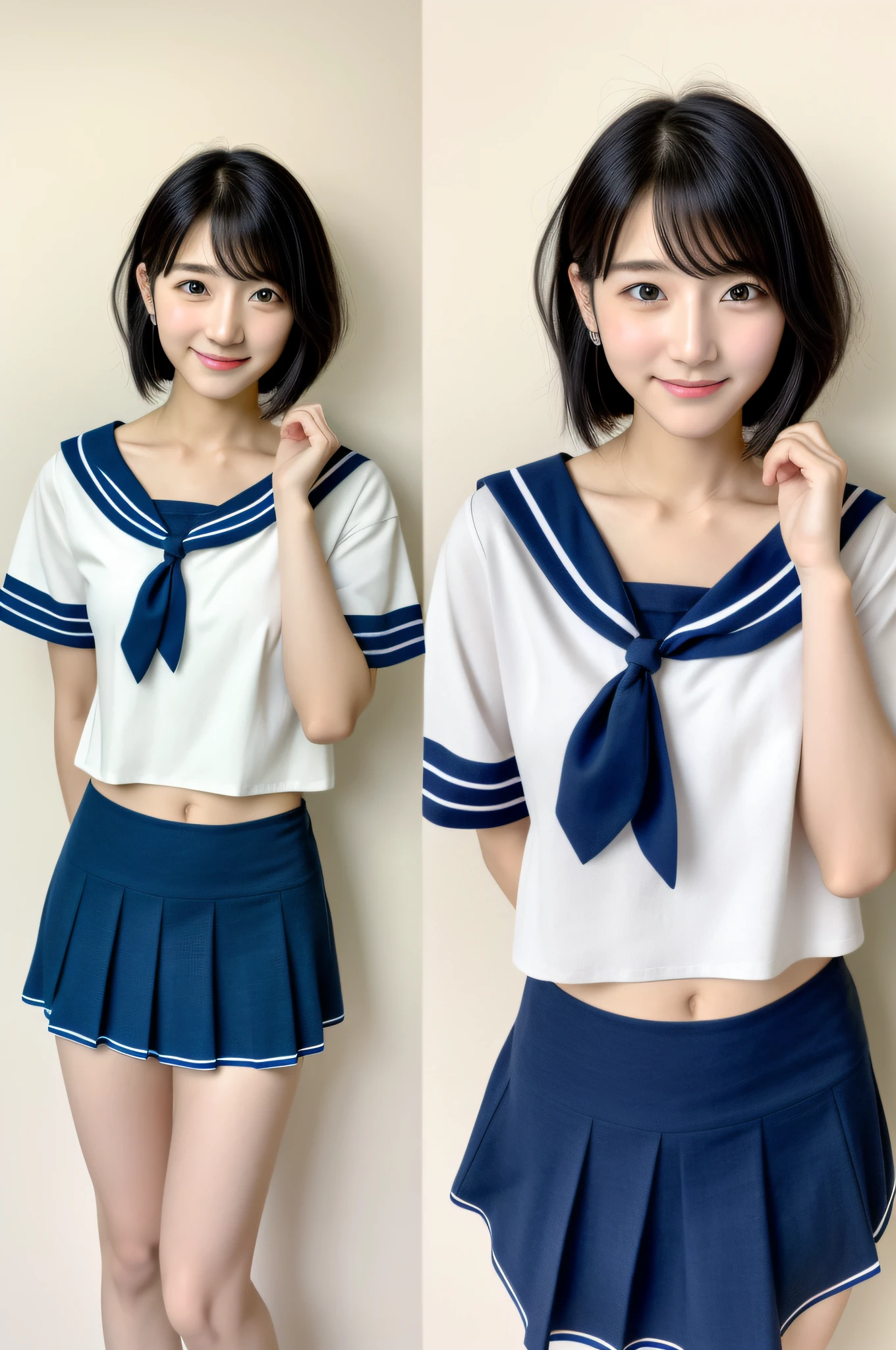 (Masterpiece: 1.2, highest quality), (Highly detailed face, realistic photos, realistic skin, realistic body, intricate details), Solo, 1MILF, Casual, Solo, 1 Girl, Cowboy Shot, Sky, View Viewer, Naegi Komaru, Short Hair, Black Hair, (Ahoge), Serafuk, White Shirt, Blue Sailor Color, Red Neckerchief, Blue Skirt, (Japan Idol), ( Cutest face: 1.5), smile, slender figure, thin waist, beautiful legs, shining eyes and patchy double eyelids,