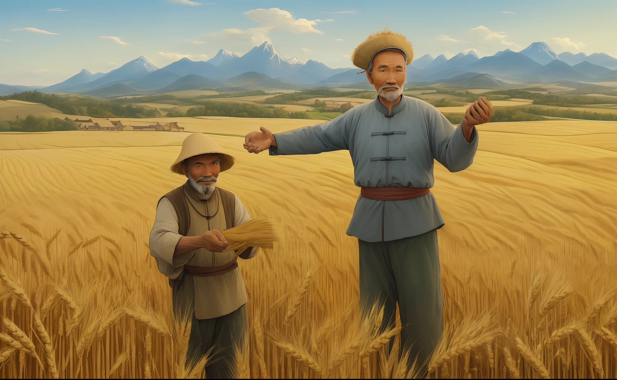 (((Chinese peasant uncle holding wheat in his hand ))), (wheat field), countryside, hillside, tractor, woods, happy expression, autumn, beautiful sky, undulating mountains, illustrations, masterpieces, super high detail, stunning.