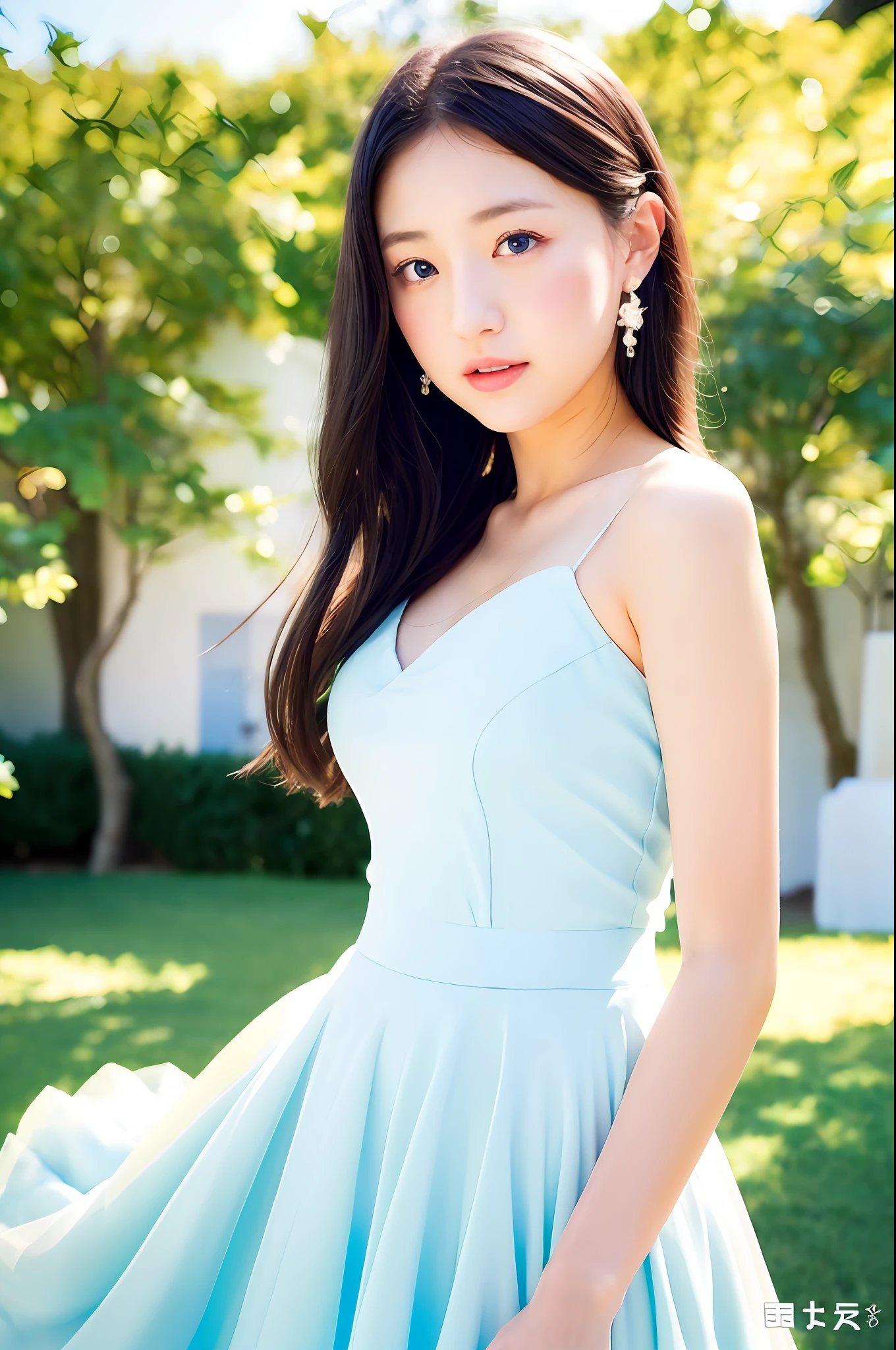 young,(soft saturation:1.4) ,sky blue wedding dress,white mini skirt,kawaii, idol, (sweat:0.7),woman,japanese,exquisite face, beautiful face,bare shoulders,shoulders all exposed,translucent skin,black eyes,black hair,(photorealistic:1.4),realistic details, high resolution,bokeh,outstanding details