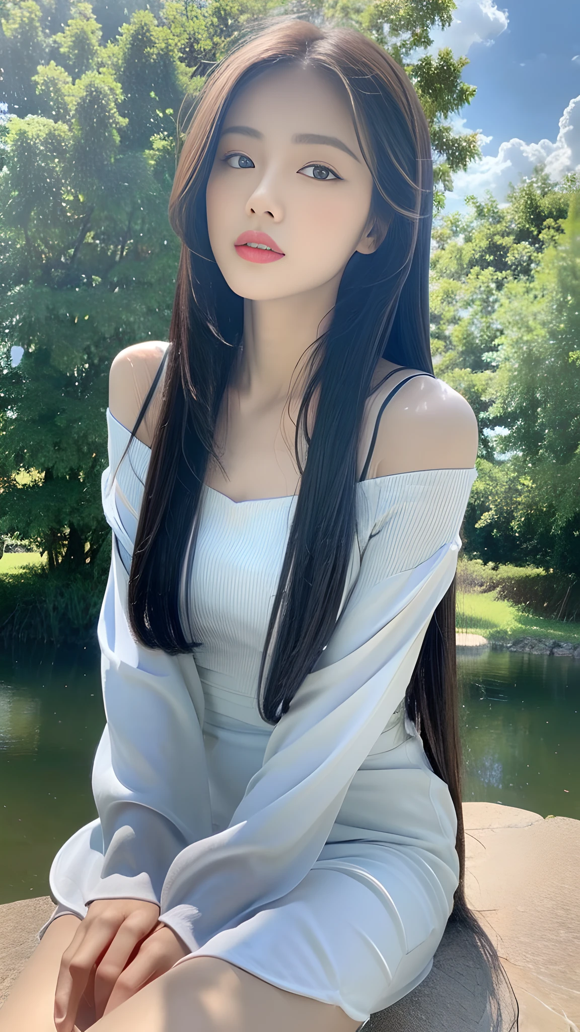 ((Best Quality, 8K, Masterpiece:1.3)), a beautiful girl, pure, melon face, gentle and cute, thin figure, (frontal), (tilted head), looking directly into the camera, [detached sleeves::0], [collared shirt::0], [capri pants::0], black silky long straight hair, long hair flowing over the shoulders, round black big eyes, clear big eyes, moist red lips, sweet, sitting by the pond, blue sky and white clouds, sunshine ,, idyllic background