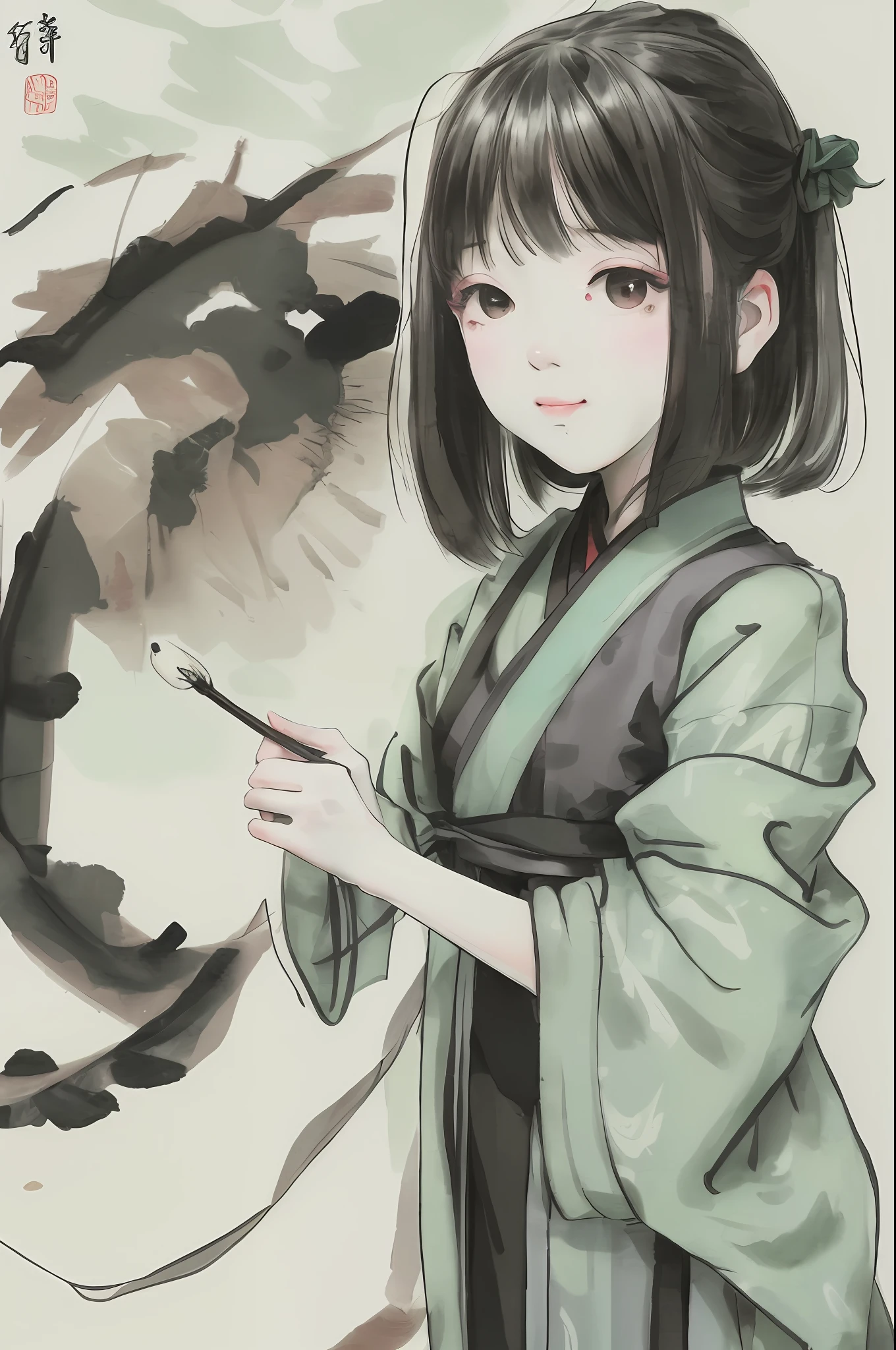 A Chinese seven-year-old girl is eating zongzi, (zongzi) Dragon Boat Festival, looking at the camera, beautiful artistic conception, Zen, color ink painting, green background, Sumi-esoot ink painting, smooth lines, profound, --ar 9:16 --niji 5