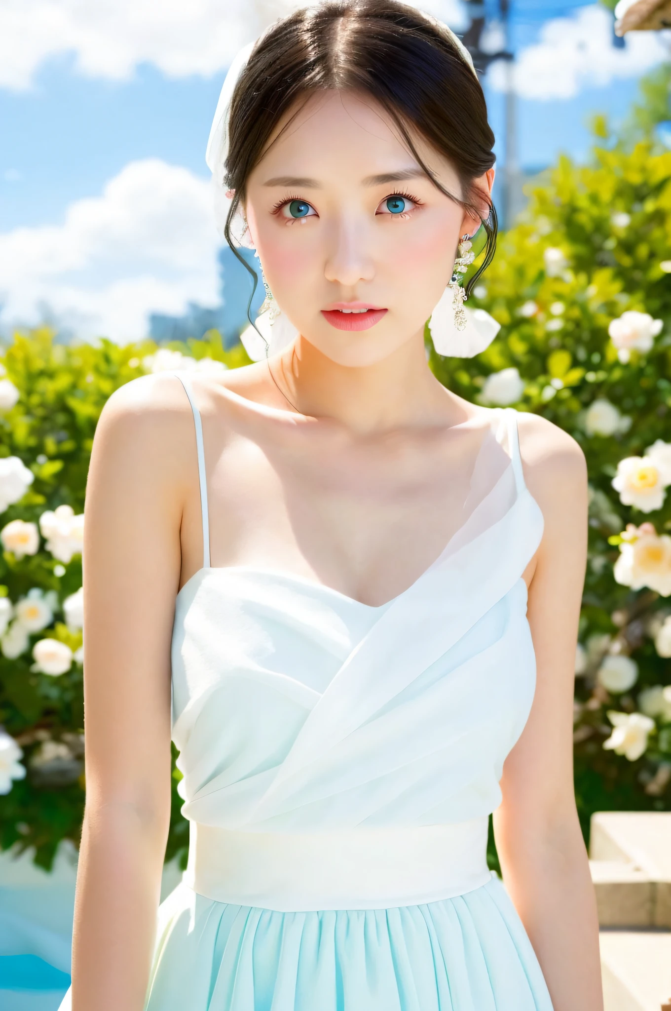 young,(soft saturation:1.4) ,sky blue wedding dress,white mini skirt,kawaii, idol, (sweat:0.7),woman,japanese,exquisite face, beautiful face,bare shoulders,shoulders all exposed,translucent skin,black eyes,black hair,(photorealistic:1.4),realistic details, high resolution,bokeh,outstanding details