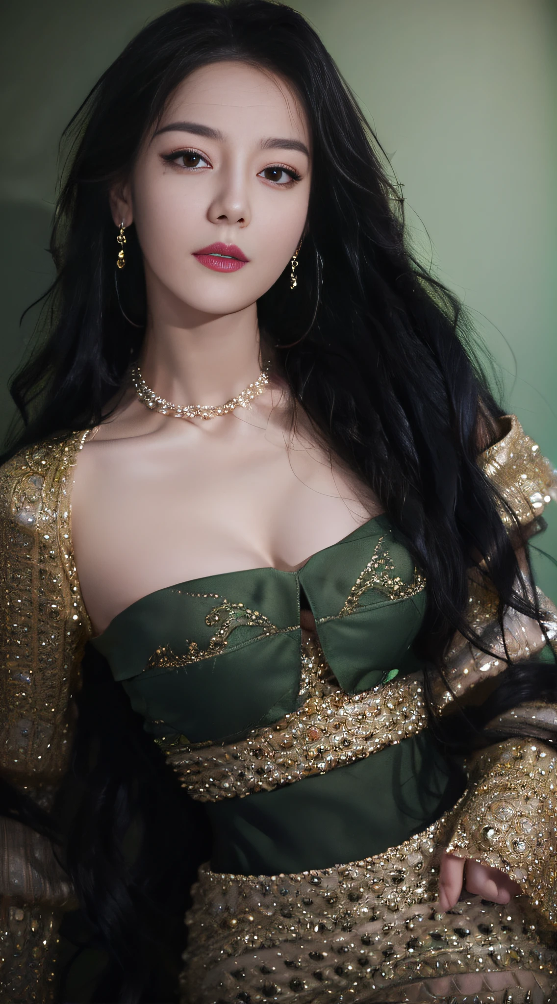 ID photo, green skirt, off-the-shoulder, floral, cleavage, jewelry, front photo, formal, photography style, HD