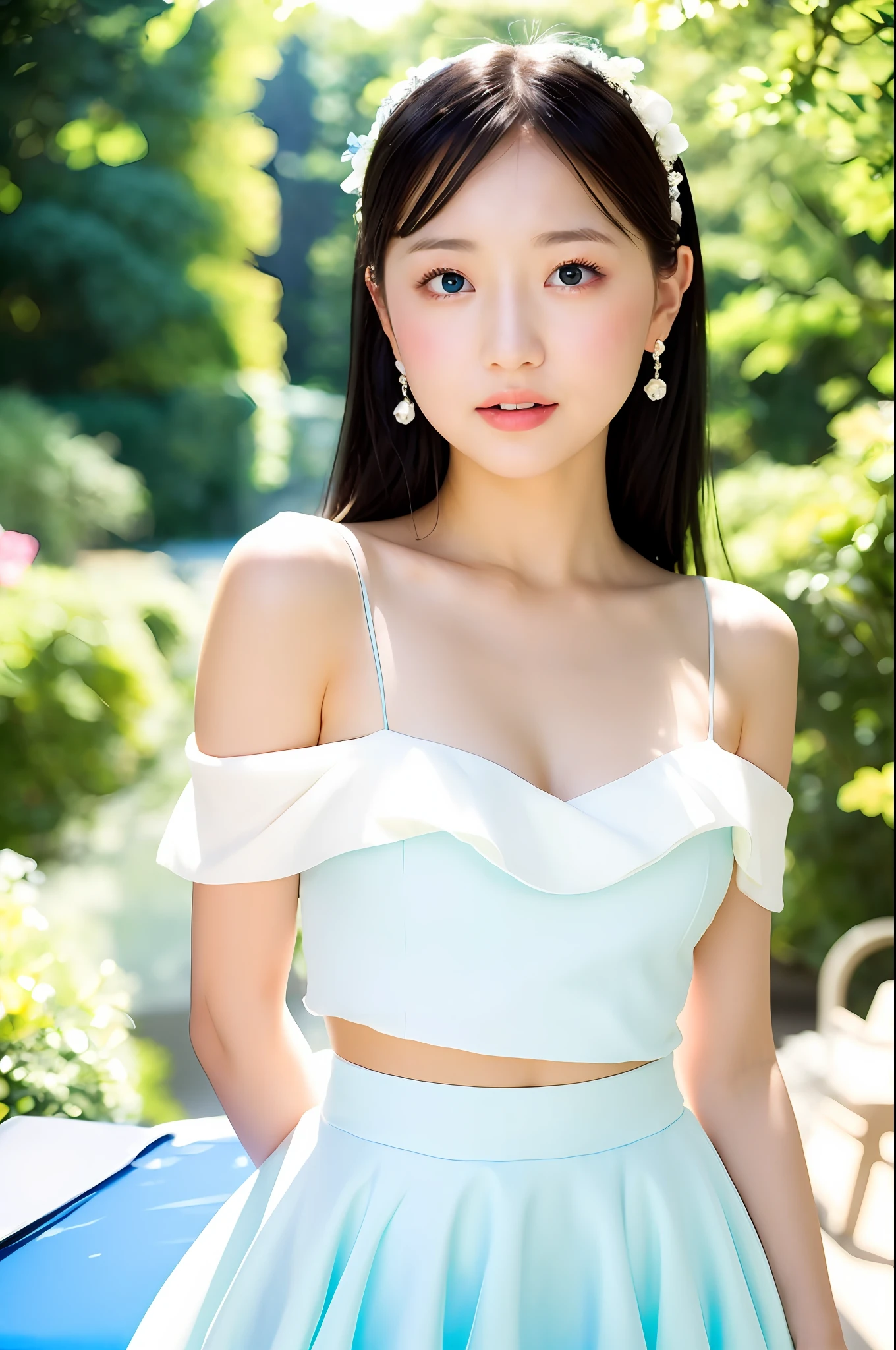 young,(soft saturation:1.4) ,sky blue wedding dress,white mini skirt,kawaii, idol, (sweat:0.7),woman,japanese,exquisite face, beautiful face,bare shoulders,shoulders all exposed,translucent skin,black eyes,black hair,(photorealistic:1.4),realistic details, high resolution,bokeh,outstanding details