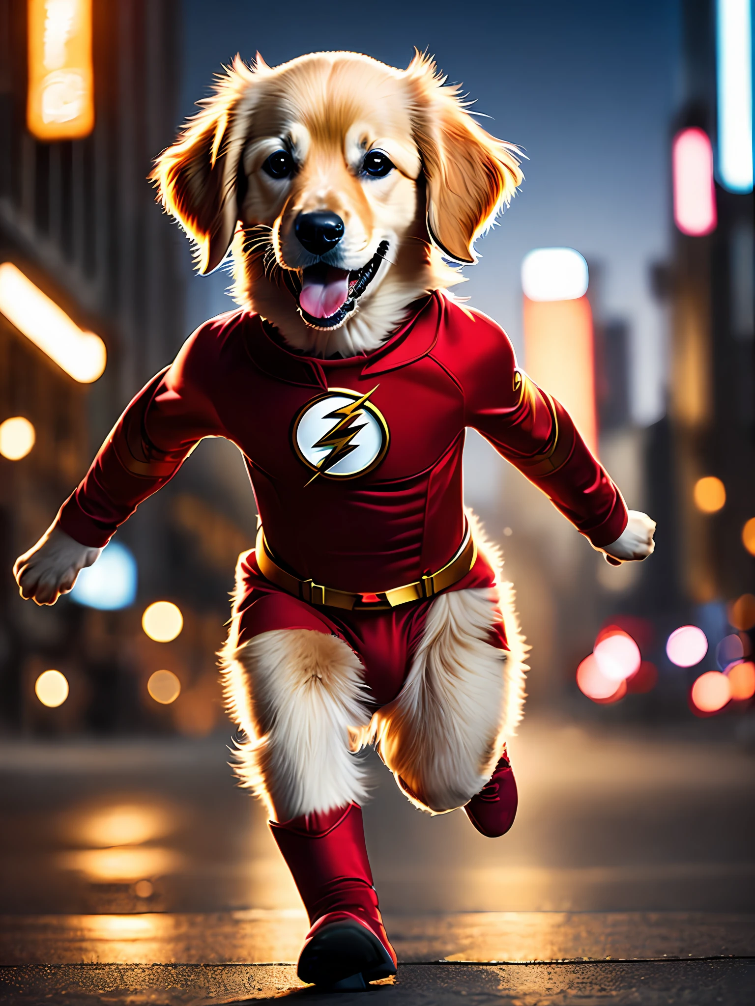 Golden Retriever puppy x The Flash red suit, running, cute, happy,  (cinematic:1.2), background night city