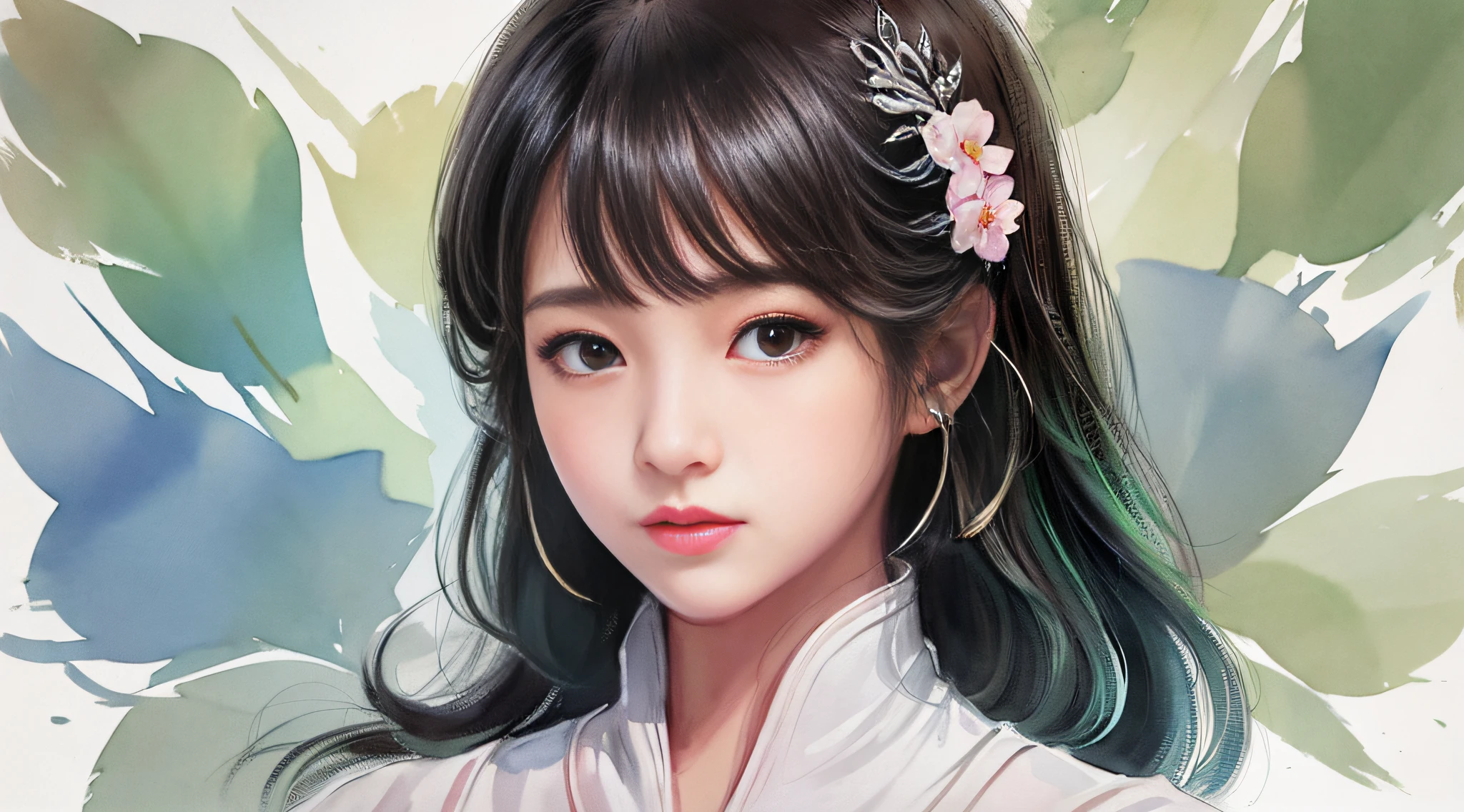 stechu,(white background:1.4), ((tachi-e)), original,(illustration:1.1),(best quality),(masterpiece:1.1),(extremely detailed CG unity 8k wallpaper:1.1), (colorful:0.9),(panorama shot:1.4),(solo:1.2), (ink splashing),(color splashing),((watercolor)), clear sharp focus,{ 1girl standing },((korean style )),flower background,outdoors,rocks, looking at viewer, make happy expressions,soft smile,pure,beautyfull detailed face and eyes,beautyfull intricacy clothing decorative pattern details, black hair,black eyes,colorwater