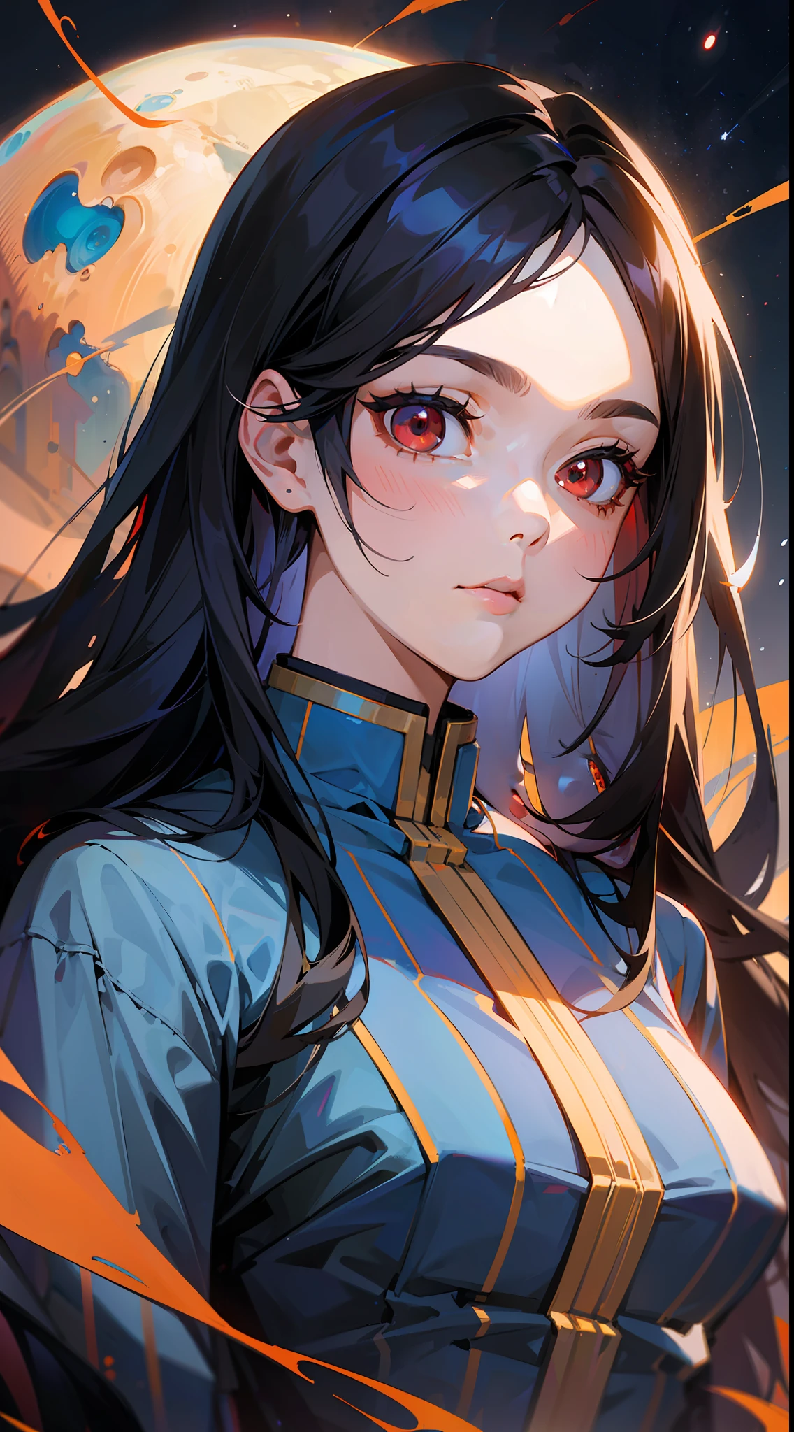 masterpiece, best quality, one girl, universe,mars,black hair, long straight hair, behind,drooping eyes,red eyes,realistic, (adapted costume:1.1),casual,magnificent,perfect face, complex, [tone], good anatomy, --auto --s2