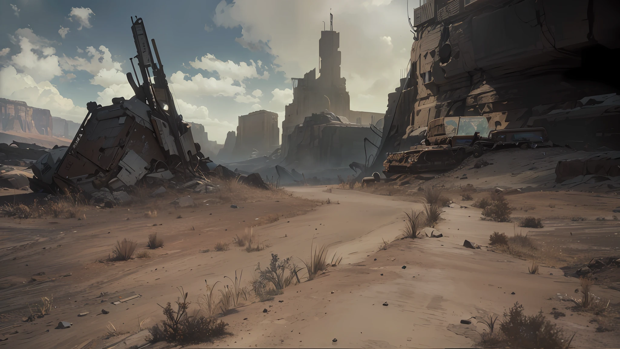 highly detailed, Shadowvers style, masterpiece, best quality, (wasteland visible), devastation, physically based rendering, realism, canyon, red rocks, photoreal, realistic blocks, grass on the battle plan, raw, rtx