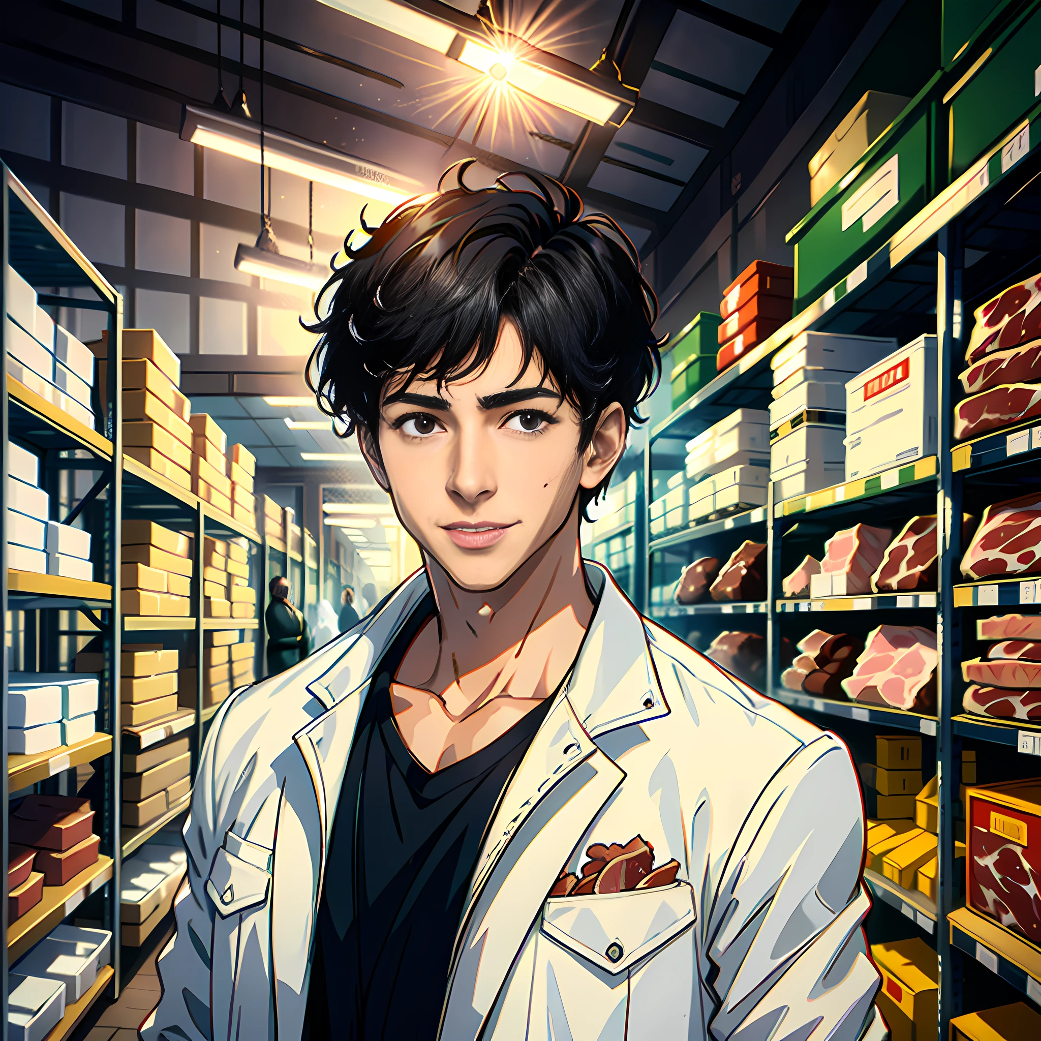 There is a handsome boy with a smile, white sports coat, in the warehouse, piled with meat, short black hair, super high detail, highly real, 4K, chiaroscuro, super detail