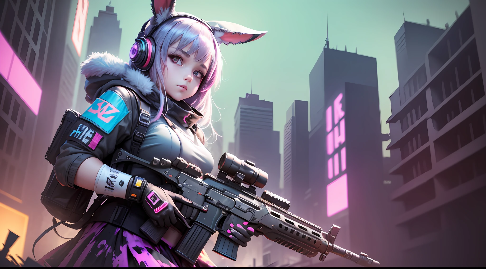 (Digital Art, Ultra HD, Ultra Detail Painting), (High Contrast), Cute Rabbit Ghost, Gun, Concept Art, Spotlight, Colorful Skirt Girl with Rabbit Ears, Rabbit Mask, Cyberpunk, Ruined Ruins, Battlefield, Neon Color, 16k, Wide Angle --auto --s2