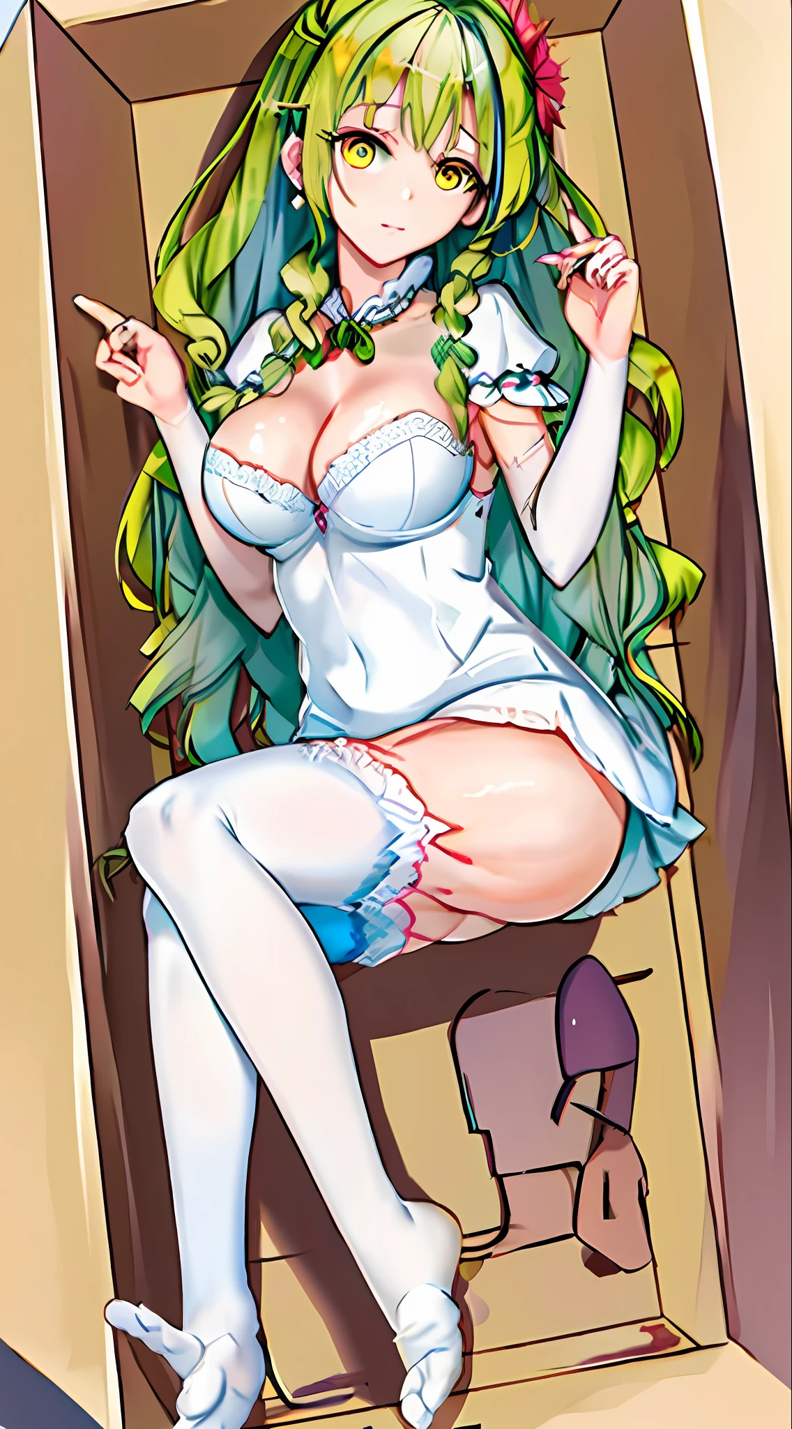 masterpiece, best quality, mature female, ceres fauna, green hair, multicolored hair, long hair, streaked hair, (skinny:1.2), large breasts, braided bangs, cleavage, antlers, single braid, dress,wide sleeves, (white thighhighs:1.2), (toeless legwear:1.4), on back, (GGAS_Box:1.6), (mat:1.2), anklet, (green nails:1.1), hair flower, hair ornament, earrings, yellow eyes, light smile, (expressionless:1.4), no shoes