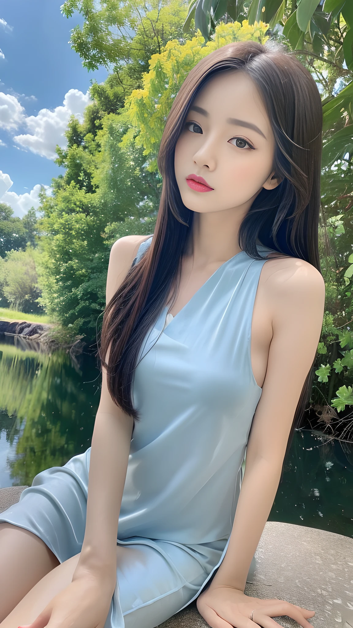 ((Best Quality, 8K, Masterpiece:1.3)), a beautiful girl, pure, melon face, gentle and cute, thin figure, (frontal), (tilted head), looking directly into the camera, [detached sleeves::0], [collared shirt::0], [capri pants::0], black silky long straight hair, long hair flowing over the shoulders, round black big eyes, clear big eyes, moist red lips, sweet, sitting by the pond, blue sky and white clouds, sunshine ,, idyllic background