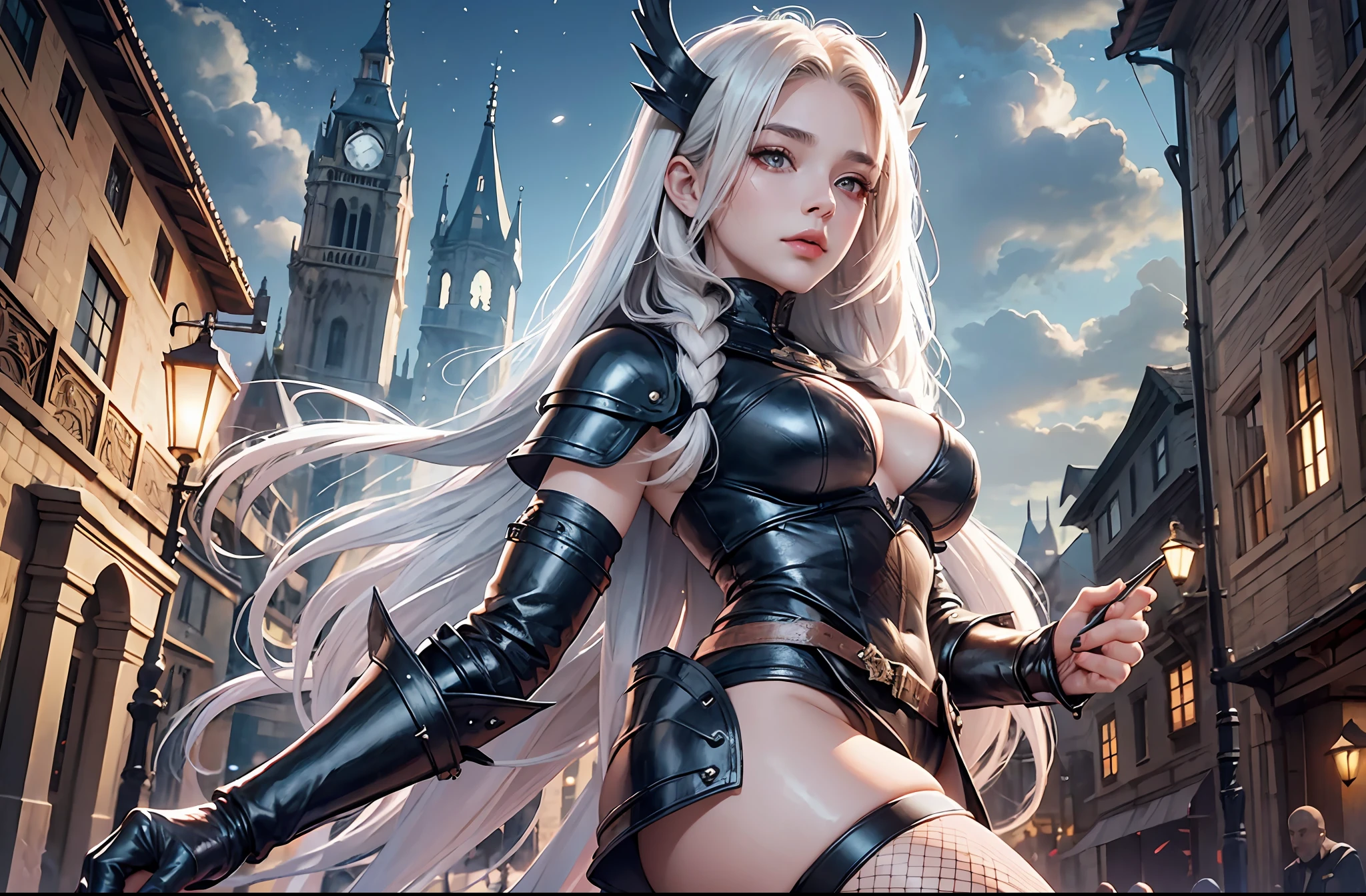 (detailed), ultra detailed, 1girl, beautiful, (masterpiece:1.2), (best quality:1.2), perfect eyes, perfect face, perfect lighting, 1girl, rogue girl, long white hair, braids, red eyes, leather armor, fishnet stockings, skindentation, steel gauntlets,large breasts, wide hips, thick thighs, scar over one eye, hood, mask, fantasy, detailed background, medieval city street at night,  dynamic angle