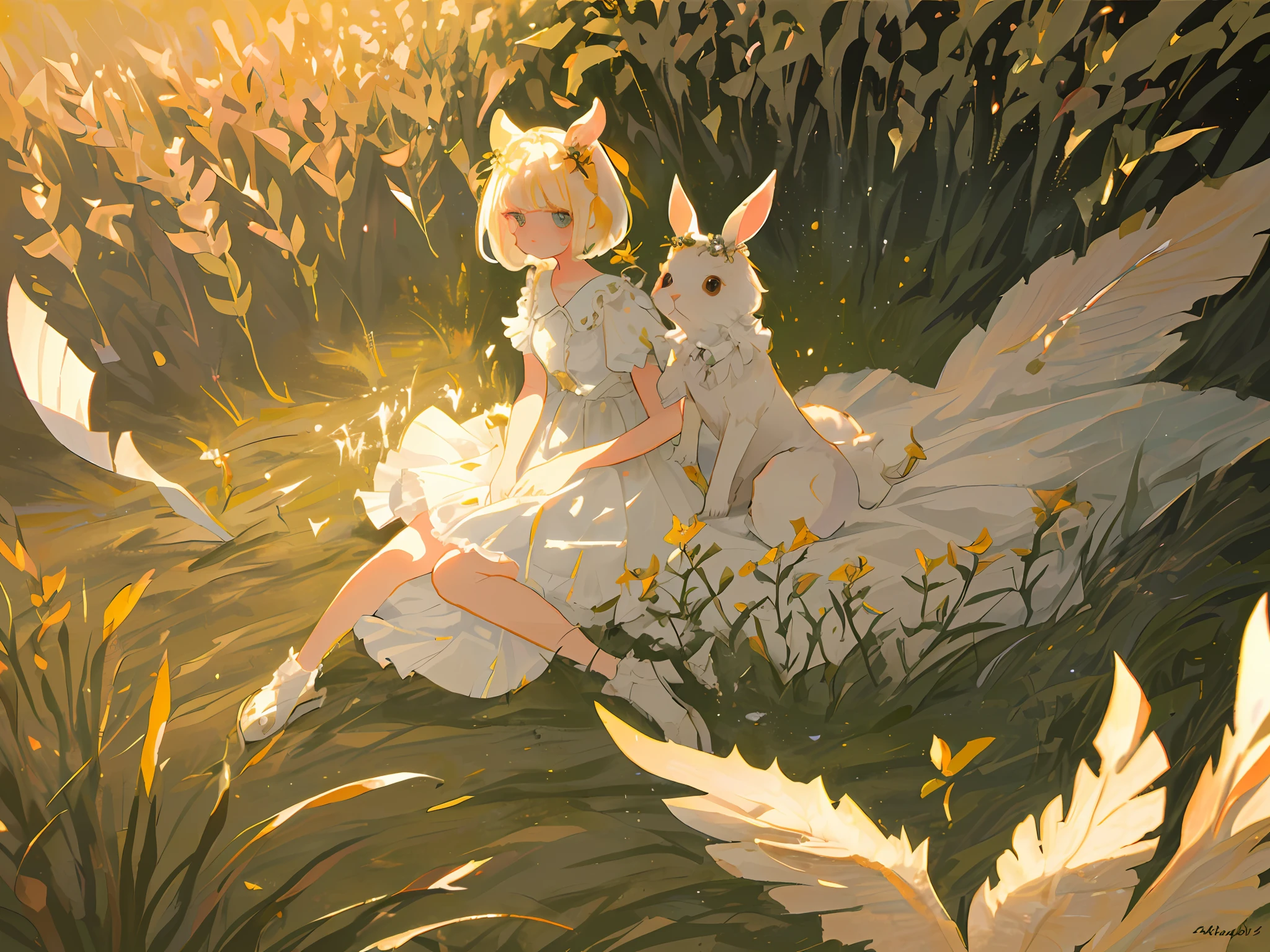 ((masterpiece, best quality)),,(HD picture)),1girl, solo,((beautiful clear and delicate face),((beautiful delicate eyes)),(beautiful delicate eyelashes),animal ears,rabbit,barefoot, kneeling, skirt, sitting, rabbit ears, short sleeves, looking at the audience, grass, short hair, smile, white hair, puff sleeves, outdoors, puff short sleeves, bangs, on the ground, full body, animal, white dress, sunlight, Brown eyes, dappled sunlight, daytime, depth of field, EasyNegative EasyNegative