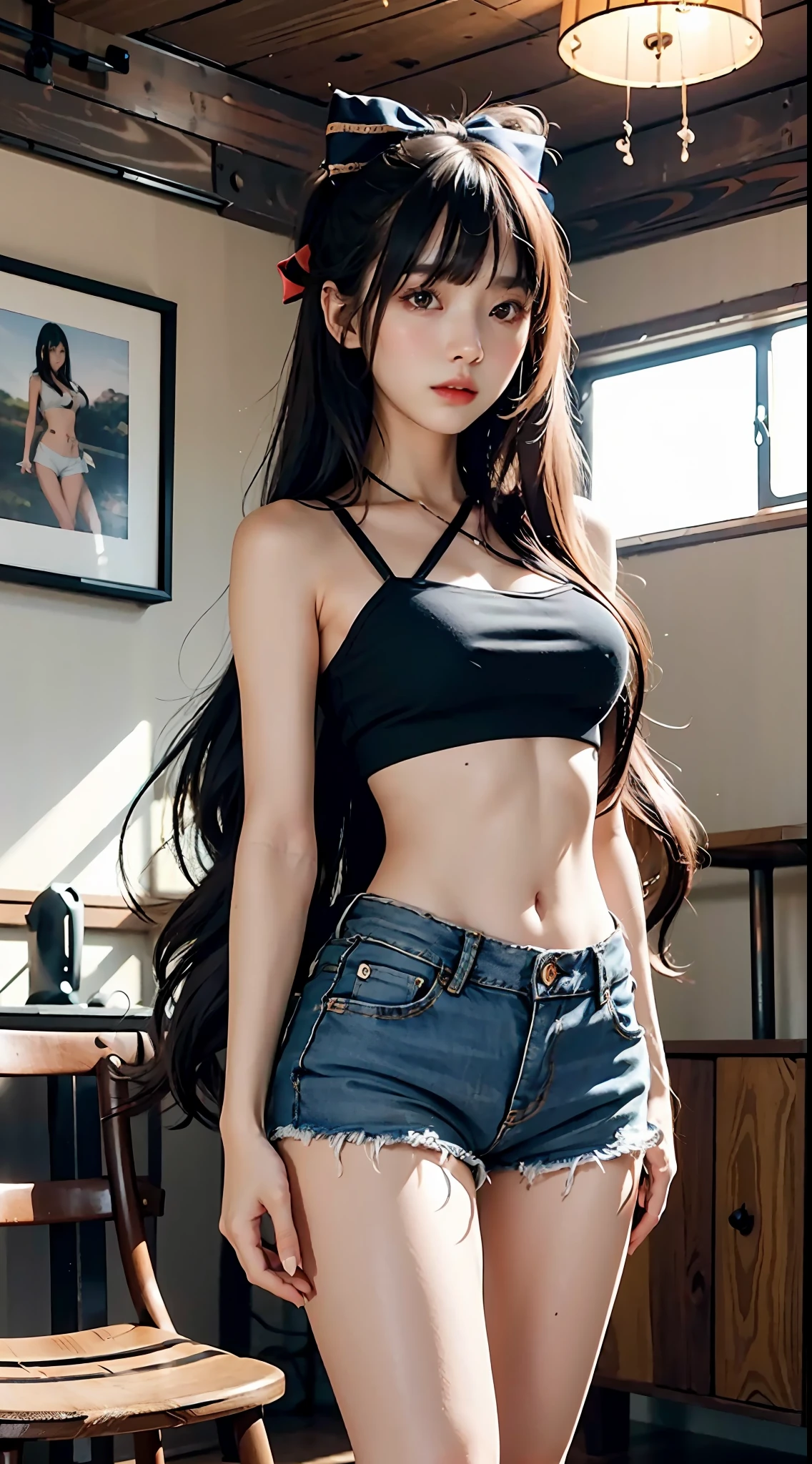 , li, darding effect, light, 4k, warm color, kids, super shorts, jeans, cropped crop top, bare belly, long black hair, blunt bangs, large bow hair ornament, tie, delicate facial features, sexy, full body photo, slim figure, no chest