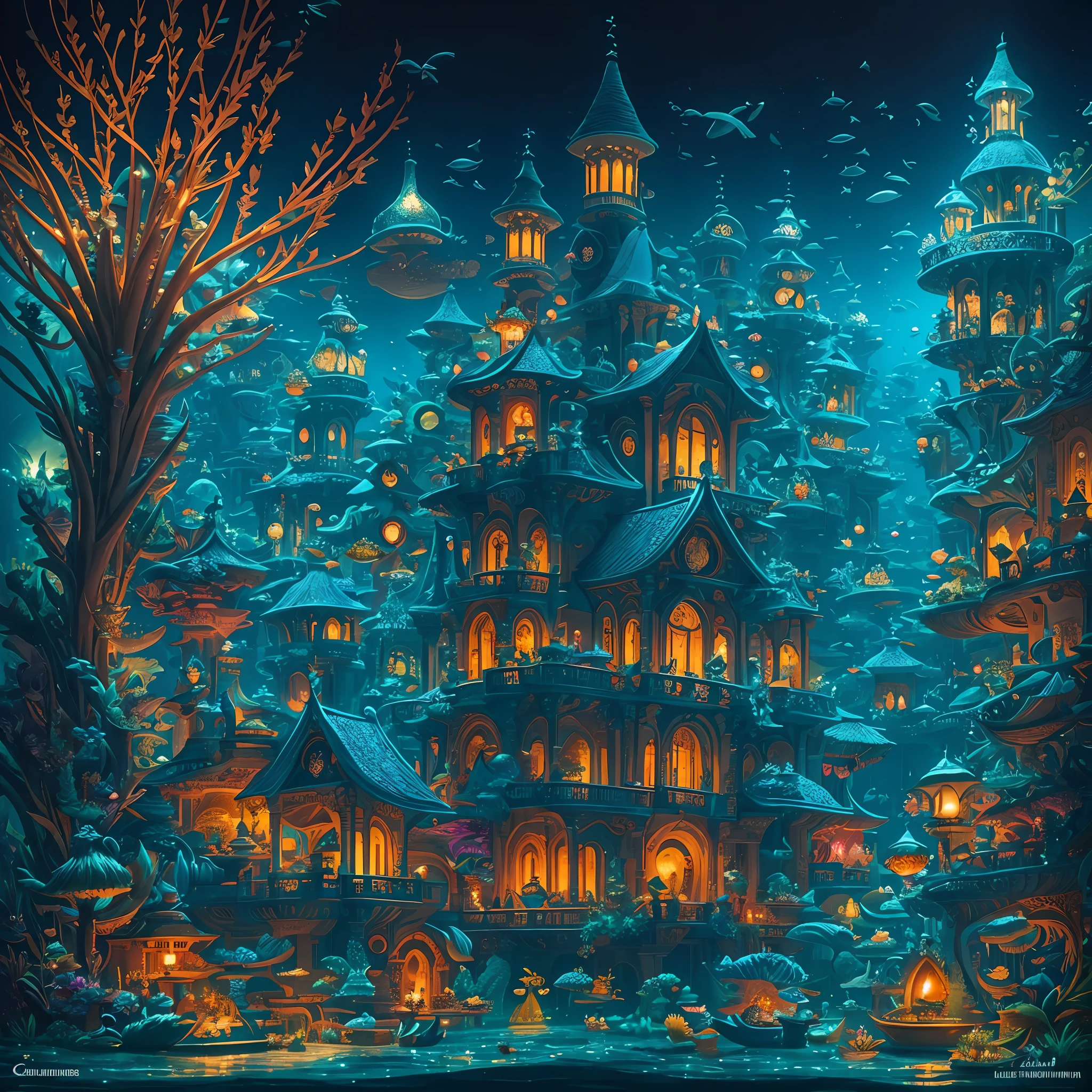 A living underwater city, illuminated by bioluminescent corals and aquatic plants, where fish of all kinds swim gracefully around. In the city center there is a huge, ornate shell throne adorned with pearls and shell jewellery, surrounded by colorful fish, carriages drawn by dolphins carrying dignitaries to the palace, giant sharks --auto --s2