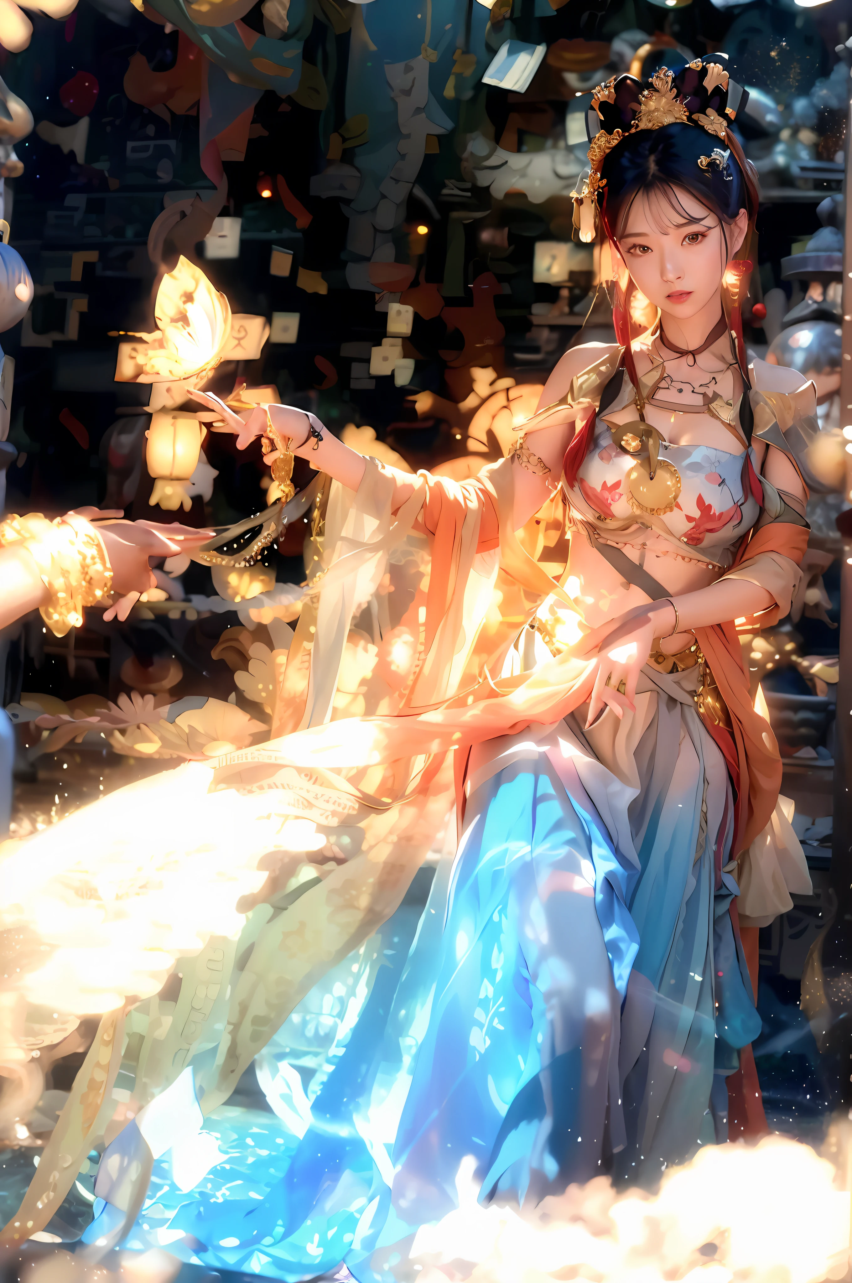 Highly detailed CG unity 8k wallpaper, (masterpiece), (best quality), (super detail), (surreal), (best character detail: 1.36), Nikon d750 f/1.4 55mm, dynamic angle, professional lighting, photon mapping, radiosity, physically based rendering, outdoor, busy street, watching viewer,blush, one girl,mature woman,, Tall, Golden Proportions, (Kpop Idol),(Glossy Skin:1.2),(Oily Skin:1.1),Makeup,[:(High Definition Face:1.2):0.2]:,PureErosFace_v1,(Wavy gray hair and sophisticated style)),(Charm: 1),(Puffy eyes),(Eyelashes:1.1), (Open lips: 1.1), Red lipstick, Wide shoulders, (Middle chest:1.1) , (cleavage: 1.1), beast ears, (big ass: 1.2), thigh socks, han clothes, tang dynasty, tang clothes