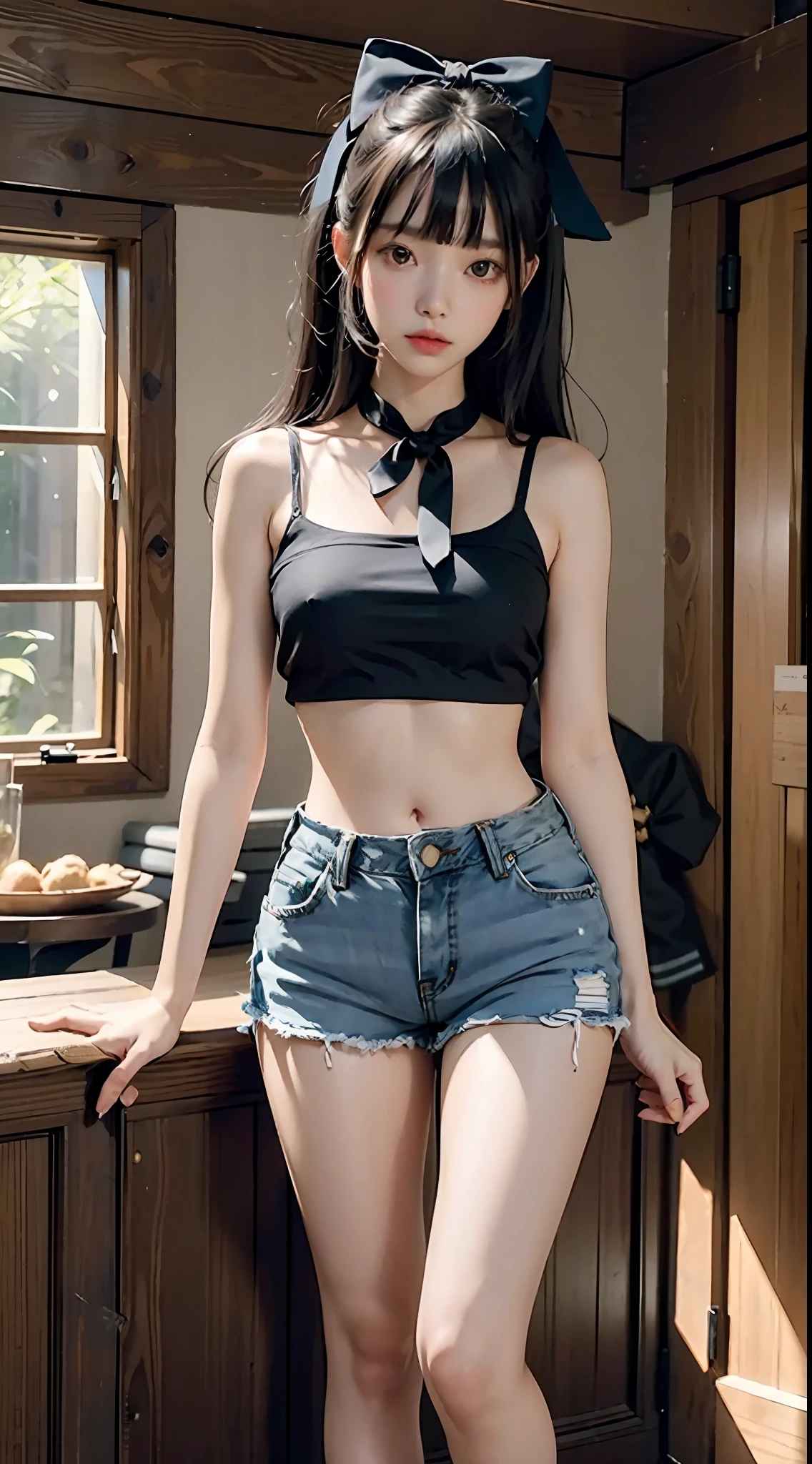 , , darding effect, light, 4k, warm color, kids, super shorts, jeans, cropped crop top, bare belly, long black hair, blunt bangs, large bow hair ornament, tie, delicate facial features, sexy, full body photo, slim figure, no chest
