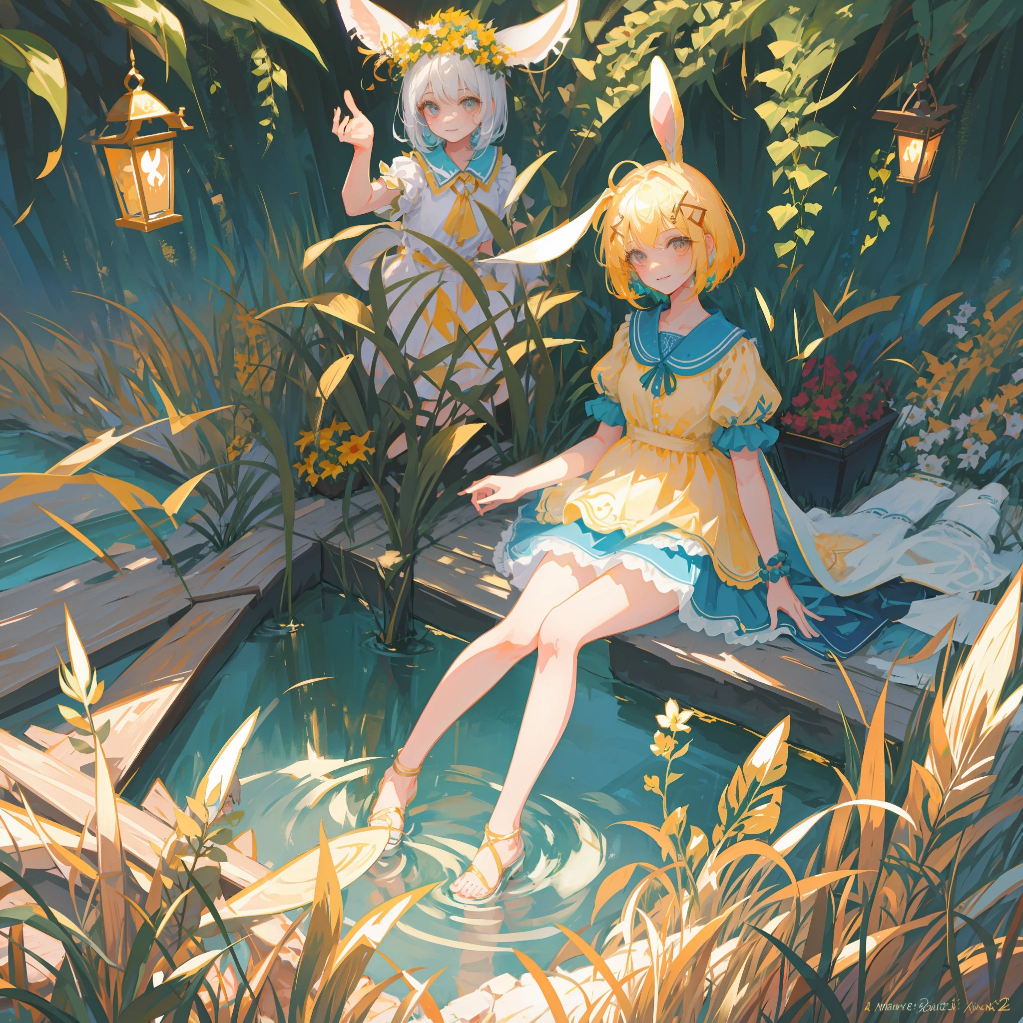 ((masterpiece,best quality)),,( (HD picture)),1girl, solo,((beatiful clear detailed face)),((beatiful detailed eyes)),(beautiful detailed eyelash),animal ears, rabbit, barefoot, knees up, dress, sitting, rabbit ears, short sleeves, looking at viewer, grass, short hair, smile, white hair, puffy sleeves, outdoors, puffy short sleeves, bangs, on ground, full body, vintage dress, sunlight, brown eyes, dappled sunlight, day, depth of field,, hair decoration,exquisite hair,intricate hair ornament, bracelets , soft lighting,gorgeous light and shadow, stunning environment,vibrant colors