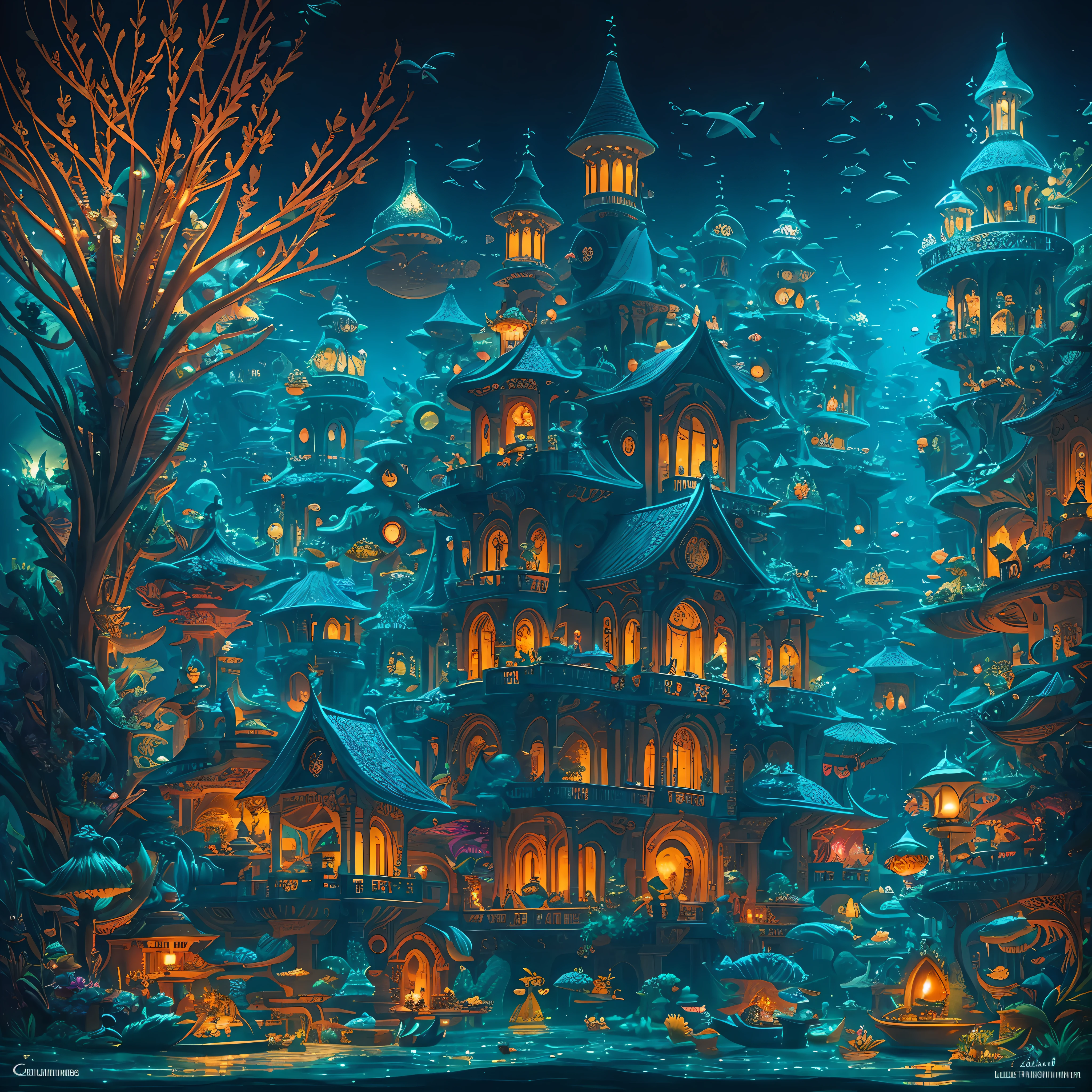 A living underwater city, illuminated by bioluminescent corals and aquatic plants, where fish of all kinds swim gracefully around. In the city center there is a huge, ornate shell throne adorned with pearls and shell jewellery, surrounded by colorful fish, carriages drawn by dolphins carrying dignitaries to the palace, giant sharks --auto --s2