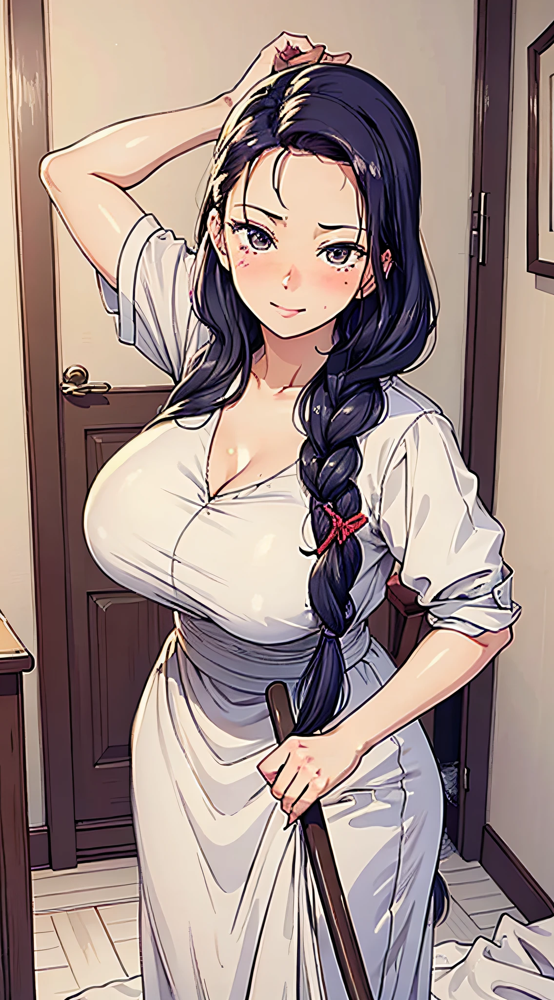 Close-up of a housewife cleaning her room, eyes not looking at the camera, shy look, blushing mother, a braid, smooth skin, very detailed clothes, intriguing suit, extremely high detail, random movements, interior scene, big breasts, happy, kind, milf