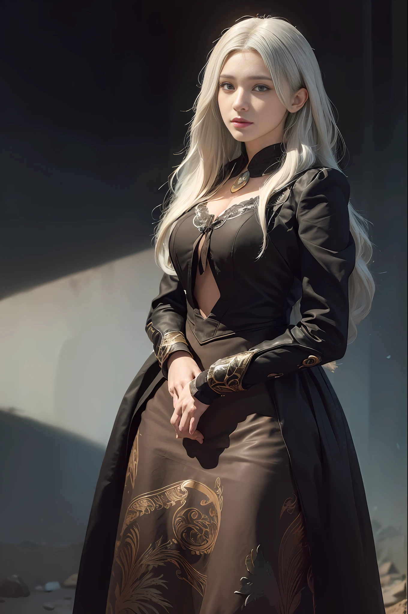 (front focus), (in the dark:1.6), Hyperrealist portrait of female by david hockney and alphonse mucha, fantasy art, photo realistic, dynamic lighting, artstation, poster, volumetric lighting, very detailed faces, 4 k, award winning, 1girl, in the dark, deep shadow, low key, cowboy shot, (official clothing:1.4), long hair, white hair
