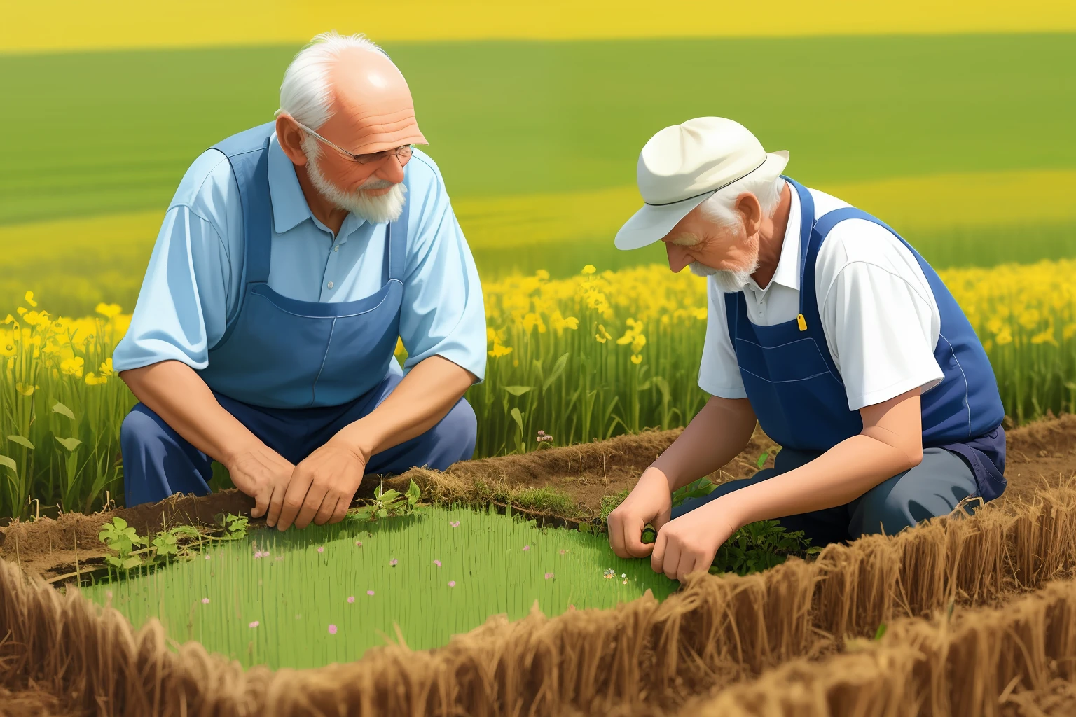 Old man and his granddaughter planting in field