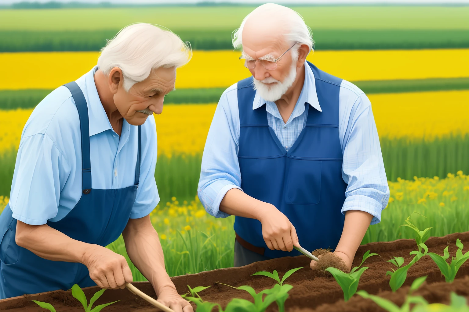 Old man and his granddaughter planting in field