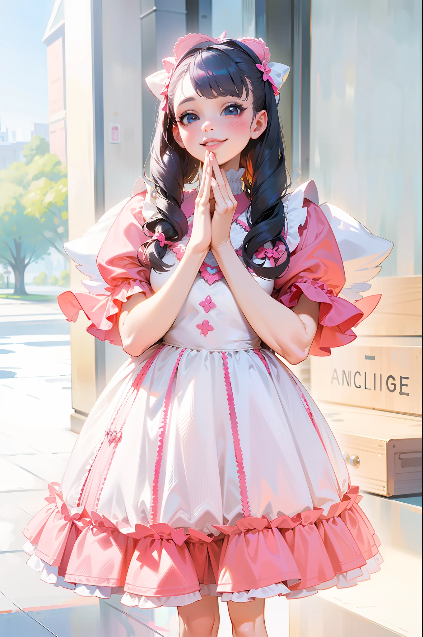 Pretty girl in standing dress, girl, angelic pretty, Belle Delphine, portrait of magical lolita girl, portrait of radical lolita girl, smiling, putting hands together