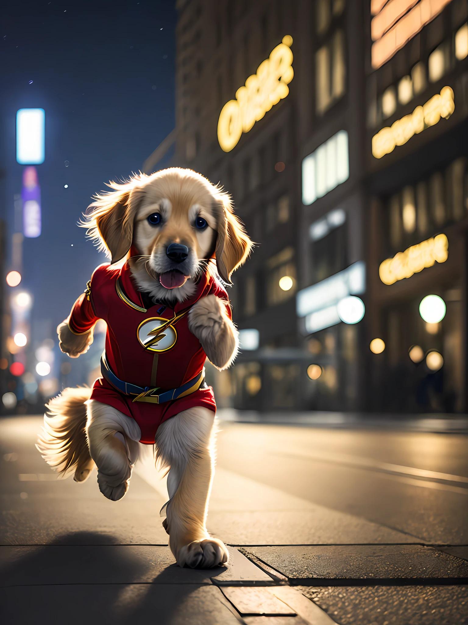 Golden Retriever puppy x The Flash red suit saving kitten, running, cute, happy, (cinematic:1.2), background night city