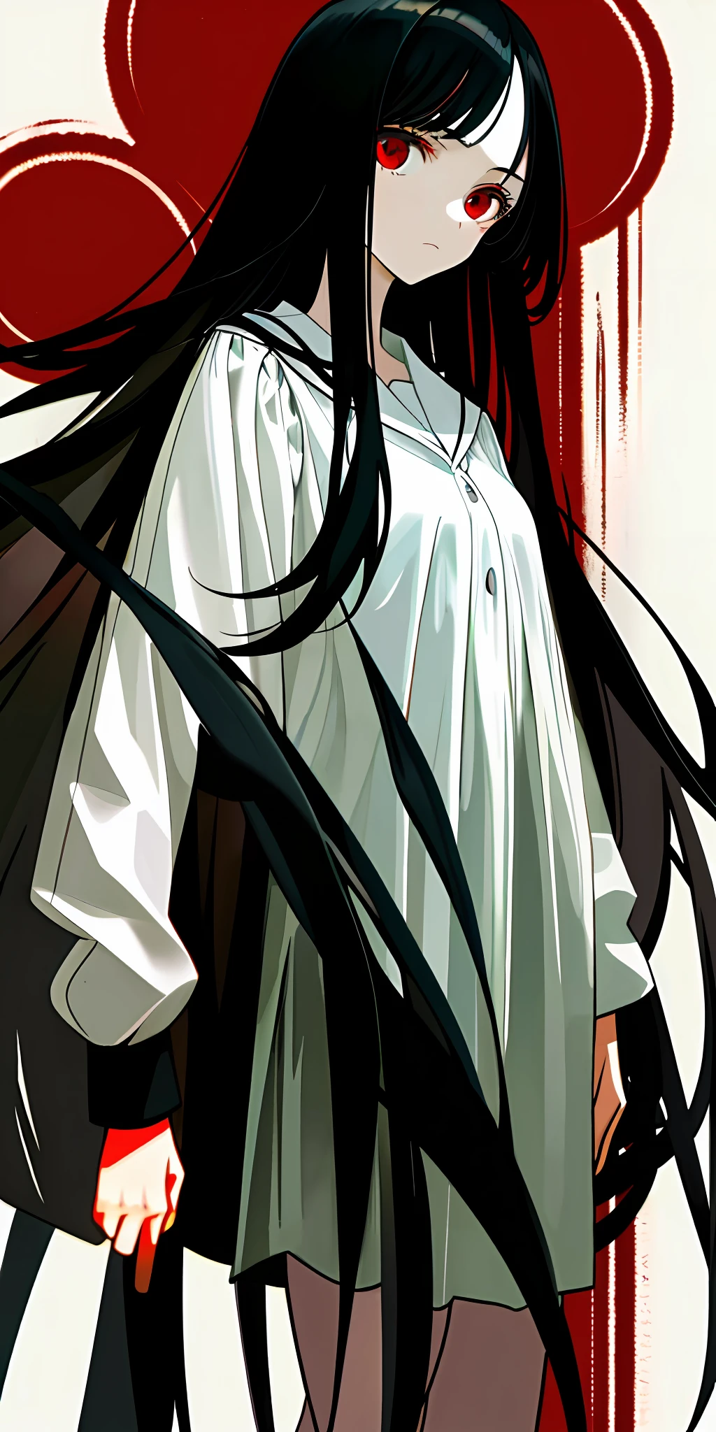 (Masterpiece, best quality), a girl, long black hair, red eyes, expressionless, white shirt, campus