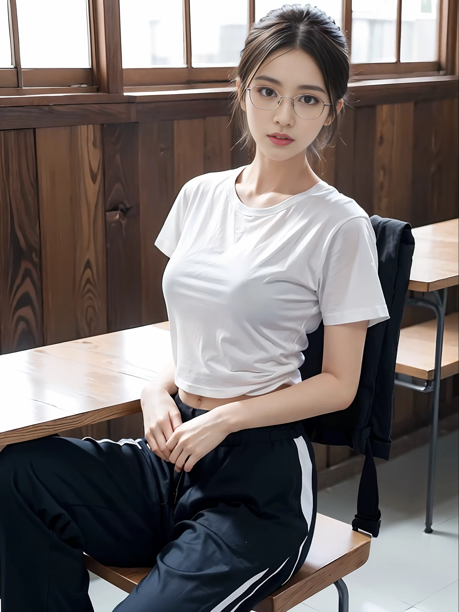 Best Quality, Masterpiece, Ultra High Resolution, 4K, (Realisticity: 1.55), Alone, Solo, (Short Black Hair), Hair Tied, Light Blue Hairpin, White Skin, Chinese, Young, Thick Eyebrows, Black Eyes, Biting Lips, Black Silk Rimmed Glasses, Delicate Face, Wearing (Sheer T-shirt, Black Sweatpants) (Narrow Waist: 1.2), Medium, In the Classroom, HD Quality