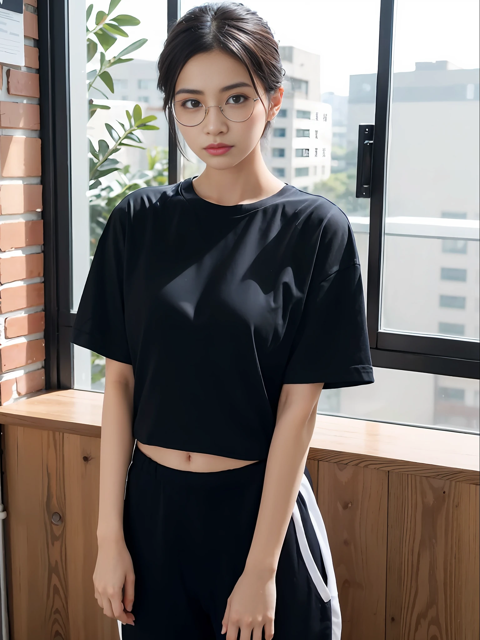 Best Quality, Masterpiece, Ultra High Resolution, 4K, (Realisticity: 1.55), Alone, Solo, (Short Black Hair), Hair Tied, Light Blue Hairpin, White Skin, Chinese, Young, Thick Eyebrows, Black Eyes, Biting Lips, Black Silk Rimmed Glasses, Delicate Face, Wearing (Sheer T-shirt, Black Sweatpants) (Narrow Waist: 1.2), Medium, In the Classroom, HD Quality