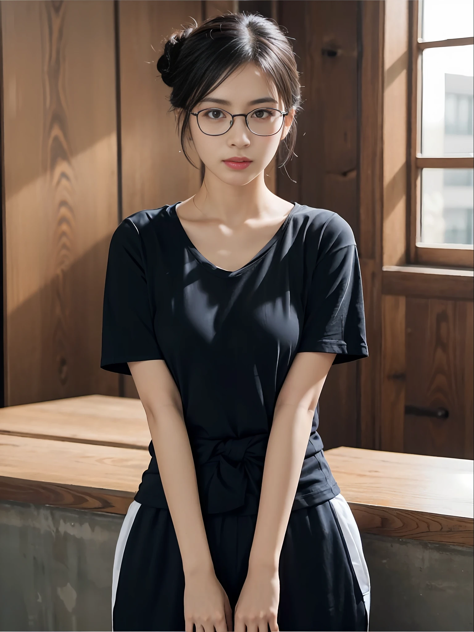 Best Quality, Masterpiece, Ultra High Resolution, 4K, (Realisticity: 1.55), Alone, Solo, (Short Black Hair), Hair Tied, Light Blue Hairpin, White Skin, Chinese, Young, Thick Eyebrows, Black Eyes, Biting Lips, Black Silk Rimmed Glasses, Delicate Face, Wearing (Sheer T-shirt, Black Sweatpants) (Narrow Waist: 1.2), Medium, In the Classroom, HD Quality