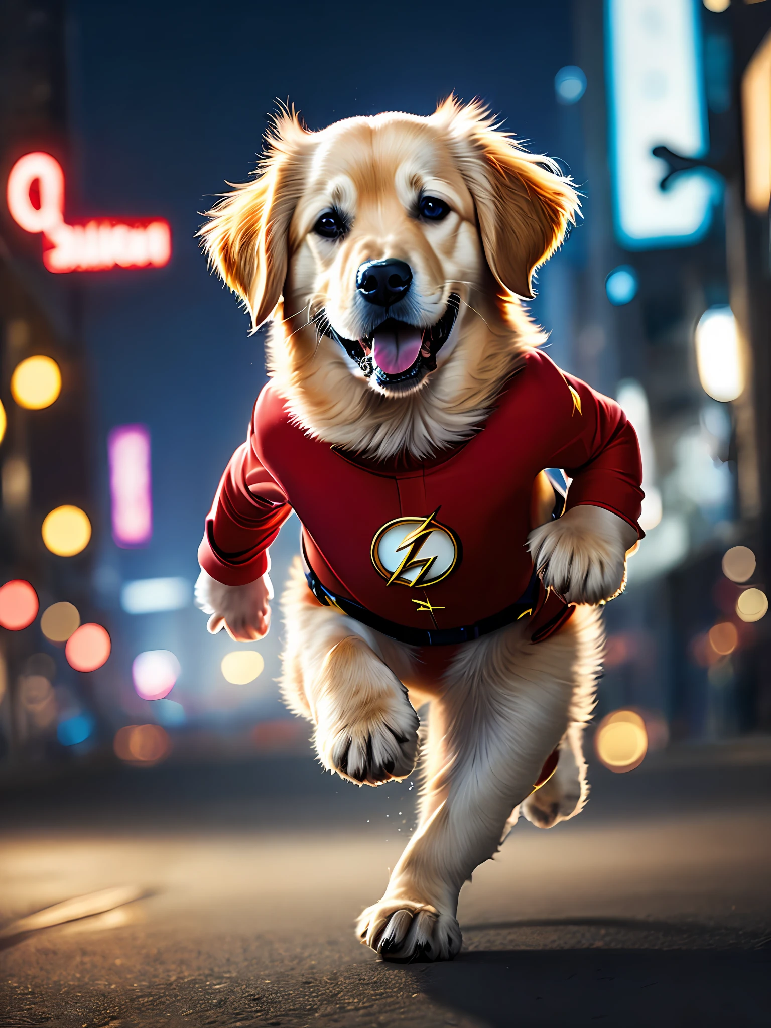 Golden Retriever puppy x The Flash red suit, running, cute, happy,  (cinematic:1.2), background night city