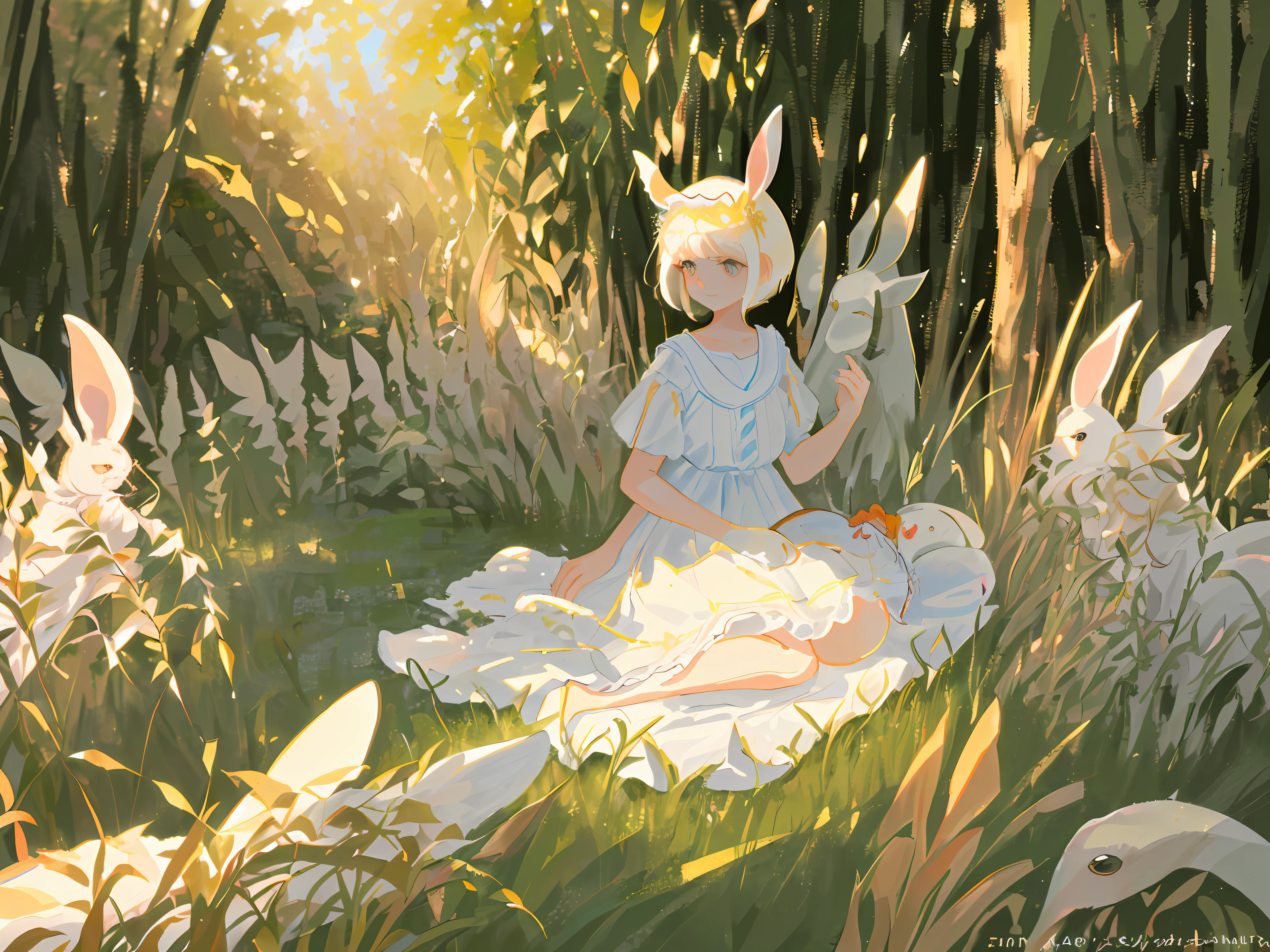 ((masterpiece, best quality)),,(HD picture)),1girl, solo,((beautiful clear and delicate face),((beautiful delicate eyes)),(beautiful delicate eyelashes),animal ears,rabbit,barefoot, kneeling, skirt, sitting, rabbit ears, short sleeves, looking at the audience, grass, short hair, smile, white hair, puff sleeves, outdoors, puff short sleeves, bangs, on the ground, full body, animal, white dress, sunlight, Brown eyes, dappled sunlight, daytime, depth of field, EasyNegative EasyNegative