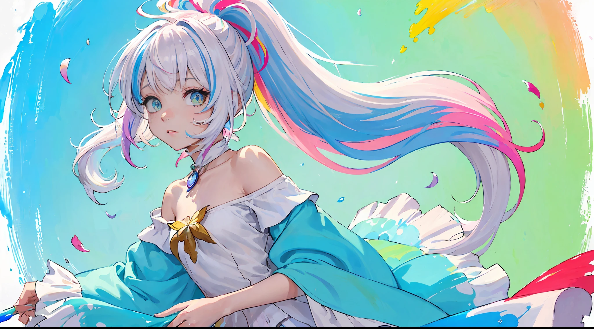 (Pink Fashion T-shirt:1.9),(Colorful hair: 1.8), (all the colours of the rainbow: 1.8),(((((vertical painting:1.6))), (painting:1.6),front, comics, illustrations, paintings, large eyes, crystal clear eyes,( rainbow color gradient high ponytail:1.7), exquisite makeup, closed mouth,(Small Fresh: 1.5),(Wipe Chest: 1.6) ,long eyelashes, white off shoulder T-shirt, White Shoulder Shirt,looking at the audience, large watery eyes, (rainbow colored hair:1.6), color splash, (solo:1.8), color splash, color explosion, thick paint style, messy lines, ((shining)),(colorful), (colorful), (colorful), colorful, Thick Paint Style, (Splash) (Color Splash), Vertical Painting, Upper Body, Paint Splash, Acrylic Pigment, Gradient, Paint, Highest Image Quality, Highest Quality, Masterpiece, Solo, Depth of Field, Face Paint, colorful clothes, (Elegant: 1.2), gorgeous,long hair, wind, (Elegant: 1.3), (Petals: 1.4),(((masterpiece))),(((best quality))),((ultra-detailed)),(illustration),(dynamic angle),((floating)),(paint),((disheveled hair)),(solo),(1girl) , (((detailed anima face))),((beautiful detailed face)),collar,bare shoulders,white hair, ((colorful hair)),((streaked hair)),beautiful detailed eyes,(Gradient color eyes),(((colorful eyes))),(((colorful background))),(((high saturation))),(((surrounded by colorful splashes))),
