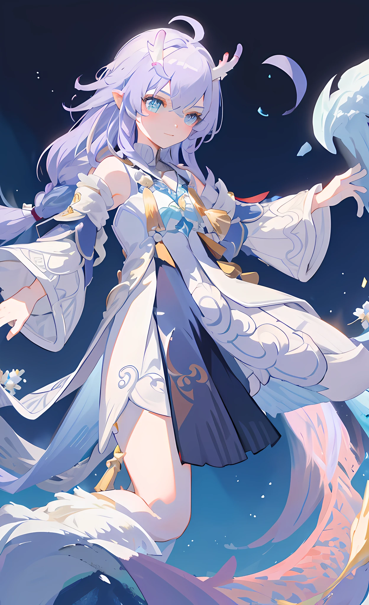 (Masterpiece), (Excellent), (Extremely Fine), White Dew, Straight Eyes, Spectator, Dragon Tail One, Horn Two, Upper Body, Flower, Streamer, White Cloud Blue Sky, Professional Posture, Ayaka, Genshin Impact, Dynamic Sky, Moon Dragon, Beautiful Aura