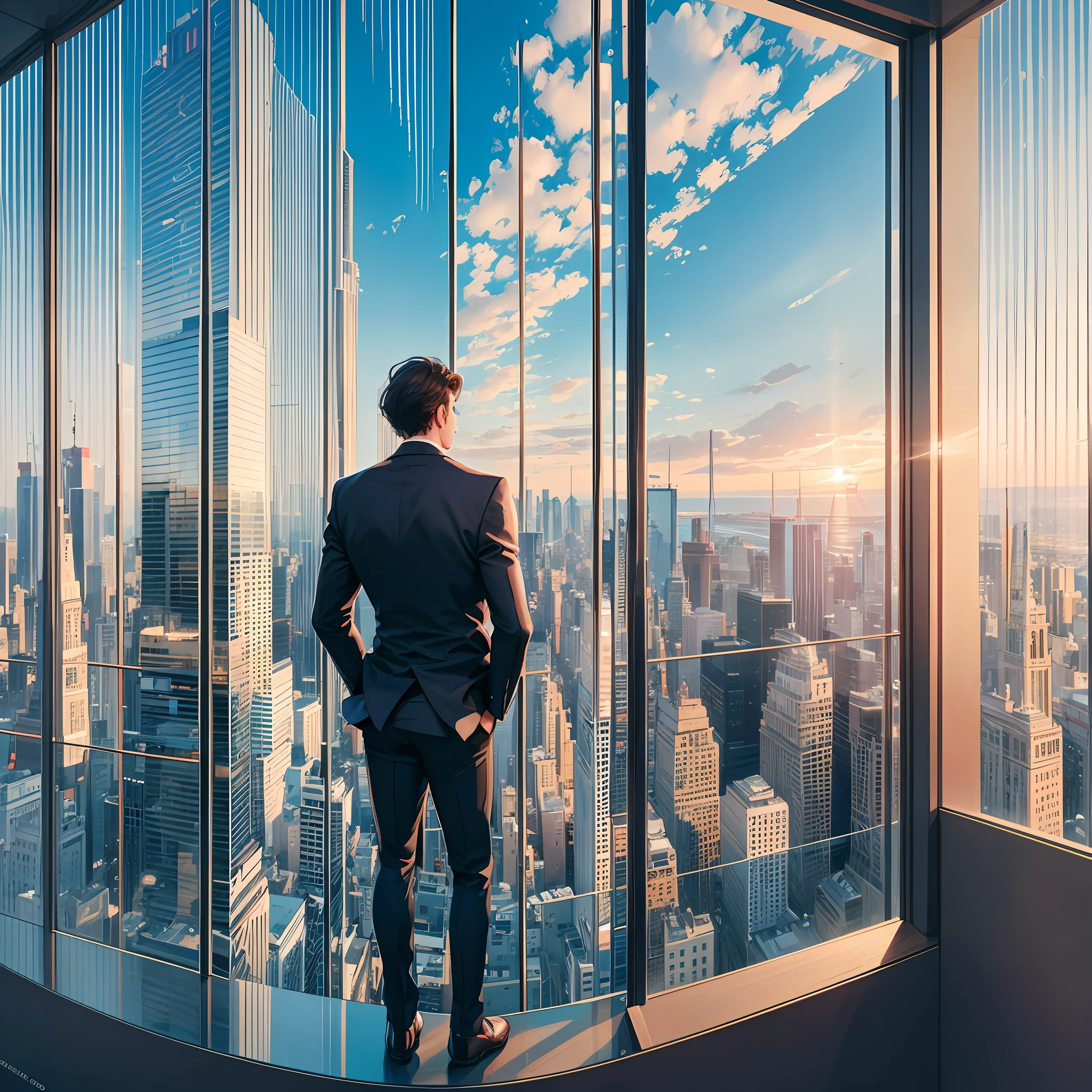 8k,best quality, masterpiece-1.2) realistic,360° view,full-body,High revolution, ultra detailed,award winning picture, 1 businessman, standing on top floor,look at the city newyork,wear suit, handsome and hot ,sun set time ,a big mirror in his building
