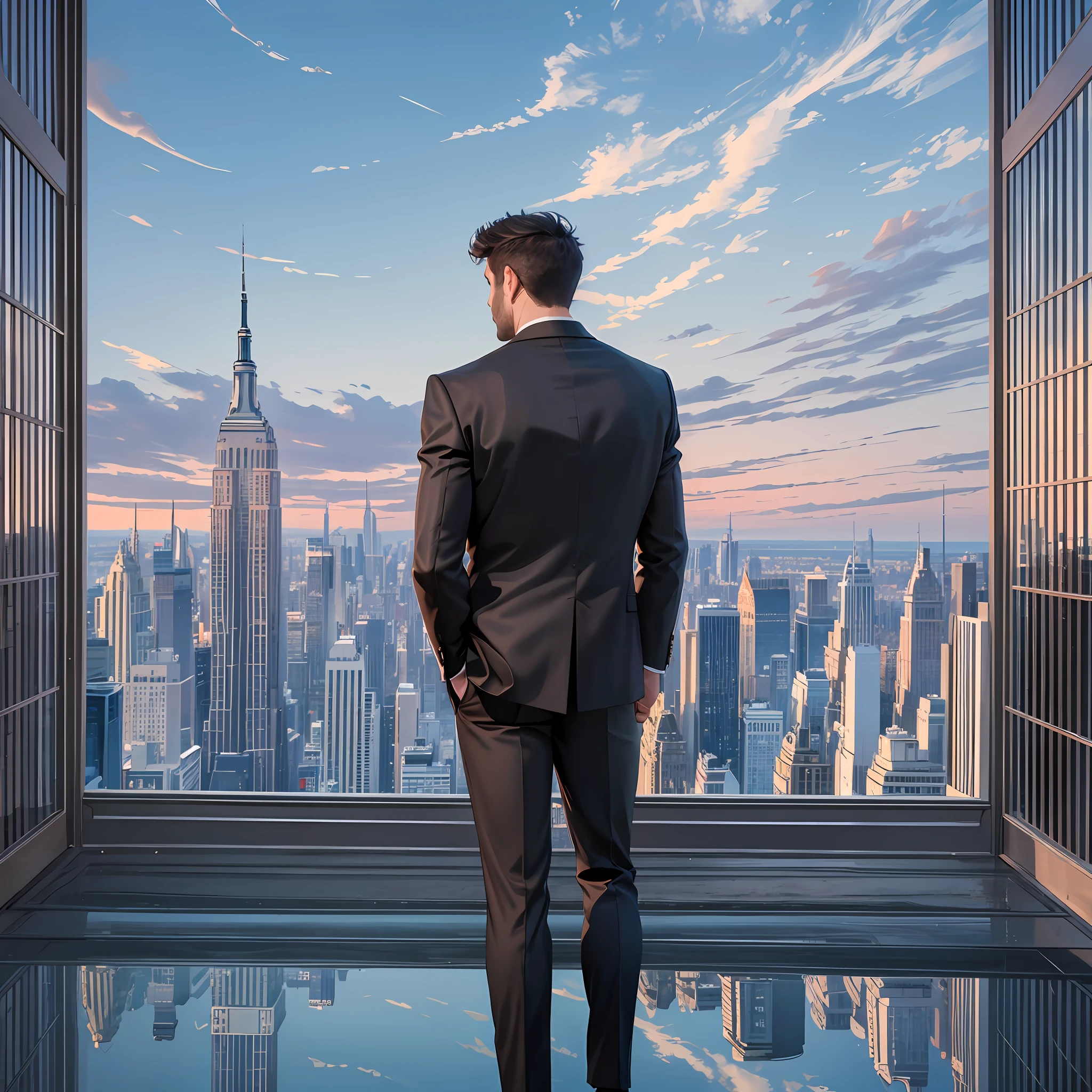 8k,best quality, masterpiece-1.2) realistic,360° view,full-body,High revolution, ultra detailed,award winning picture, 1 businessman, standing on top floor,look at the city newyork,wear suit, handsome and hot ,sun set time ,a big mirror in his building