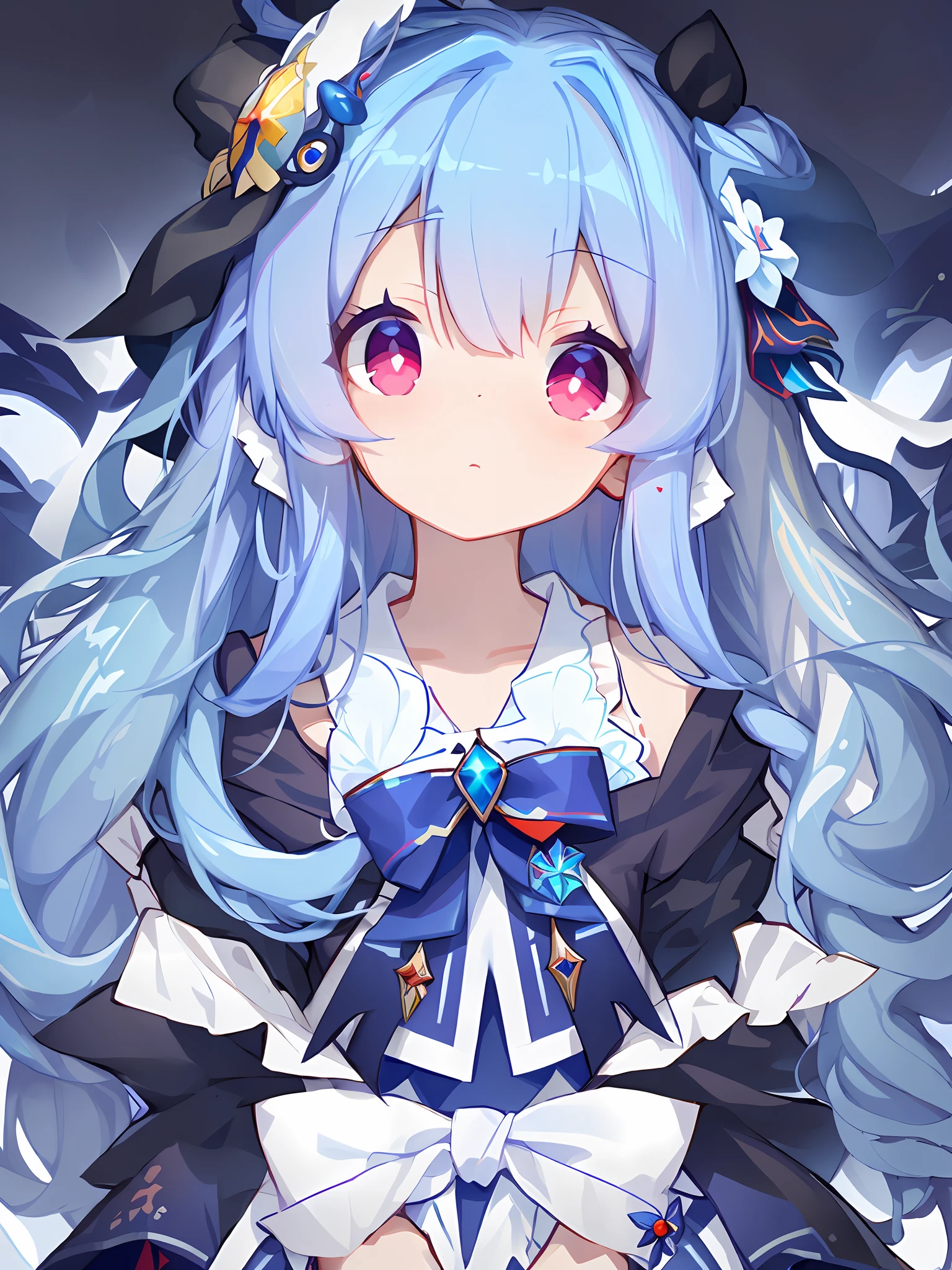 masterpiece, best quality, (marta:1.2), 1girl, crimson eyes, Light blue hair, hair ornament, Red and blue hairpin, solo, solo focus, very long hair, long hair, facing viewer, loli, delicate and beautiful, looking at viewer, A dark blue bow on his head, There is a white bow in front of the skirt , blush, portrait, face focus, (arms behind back), (colorful, vivid, sunlight, warm lighting:1.2)